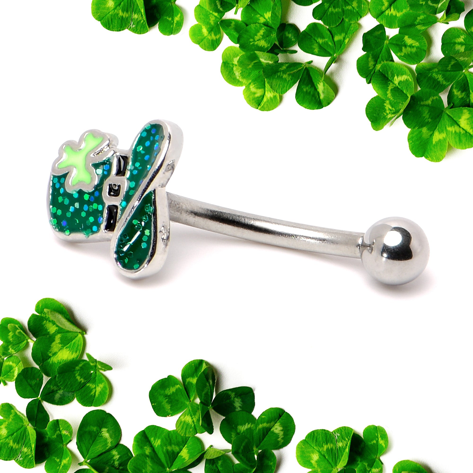 BodyCandy 16G 5/16 Glitter Top Hat Shamrock St Patricks Curved Eyebrow Ring — side view