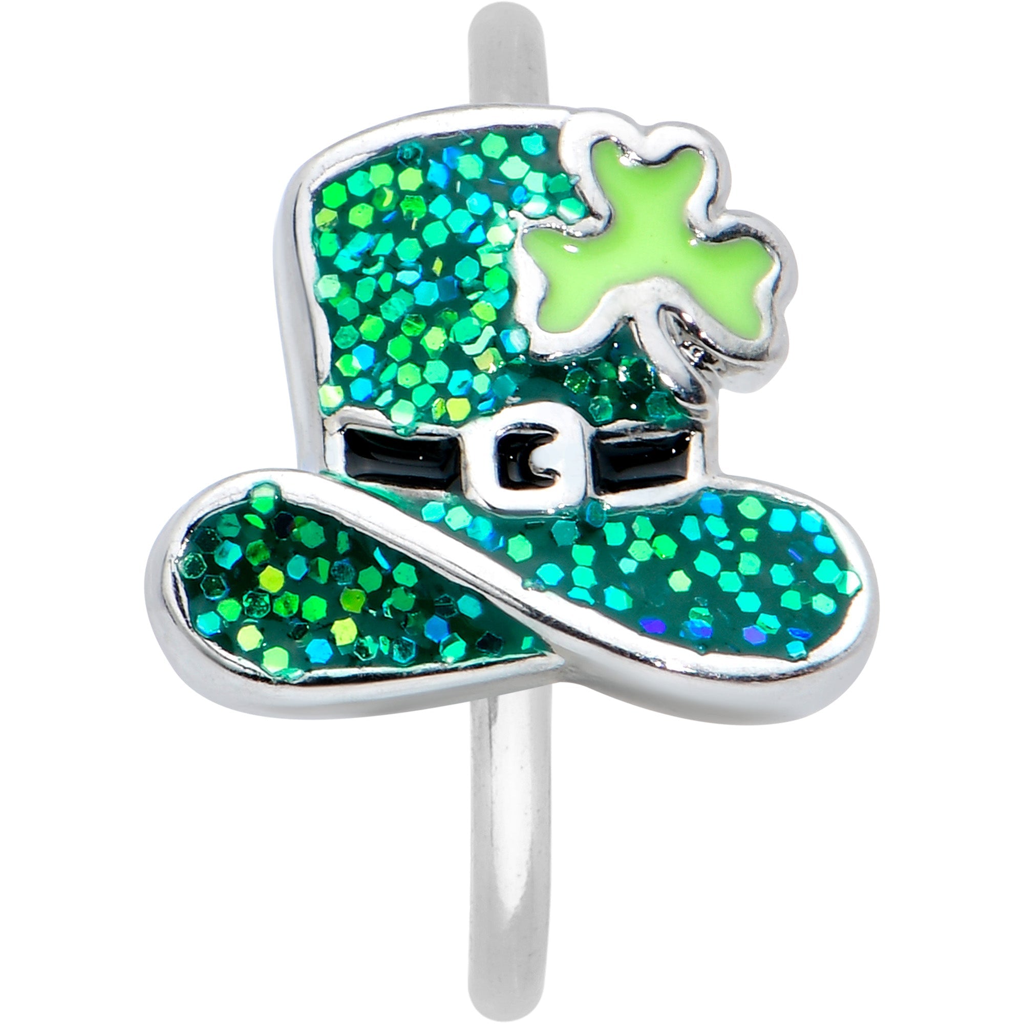 BodyCandy 20G 5/16 Glitter Top Hat Shamrock St Patricks Nose Hoop — detail close-up