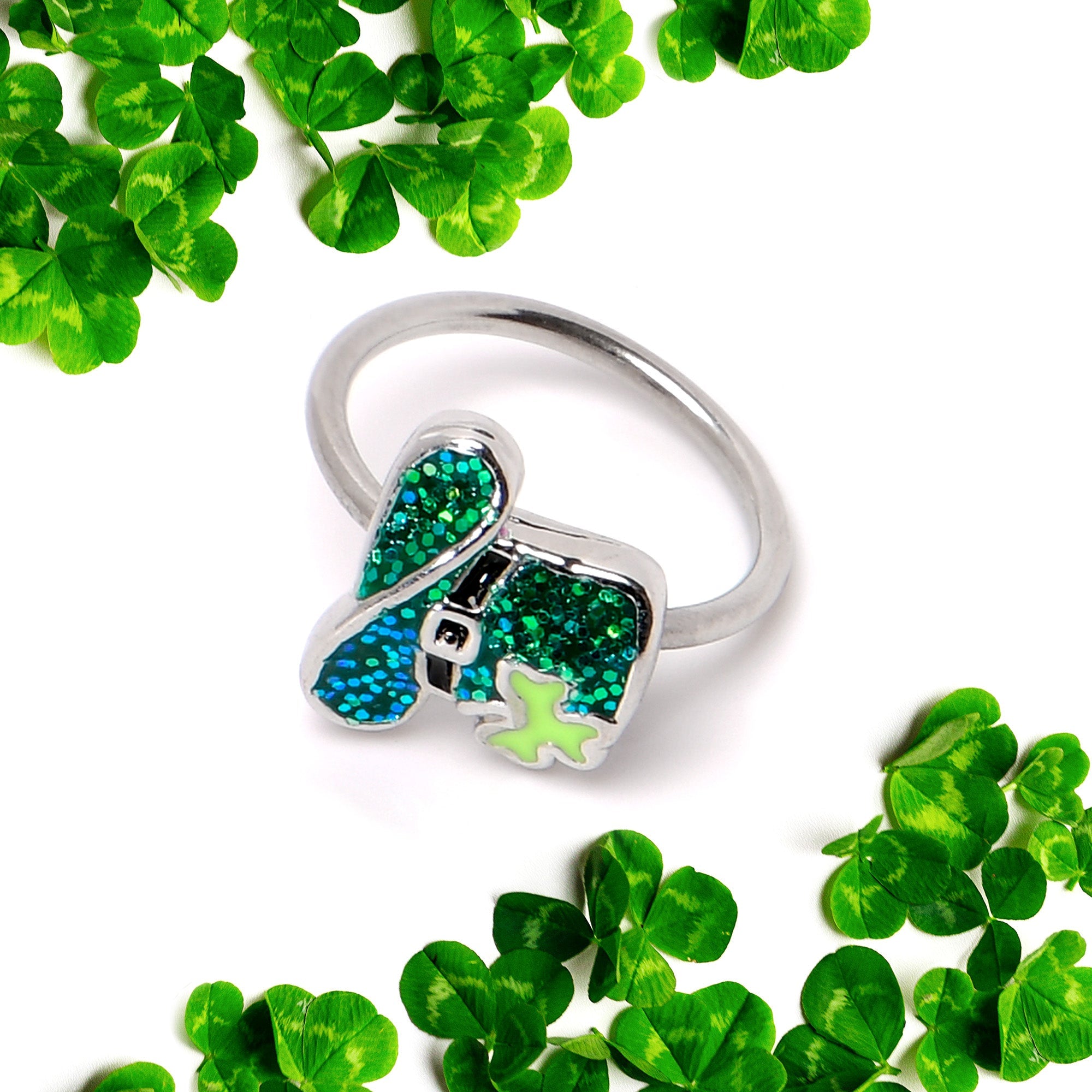 BodyCandy 20G 5/16 Glitter Top Hat Shamrock St Patricks Nose Hoop — back view
