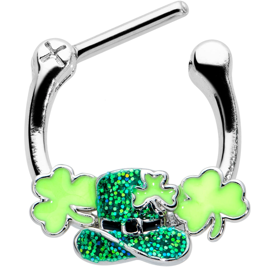 BodyCandy 16G 5/16 Glitter Top Hat Shamrock St Patricks Cartilage Clicker — detail close-up
