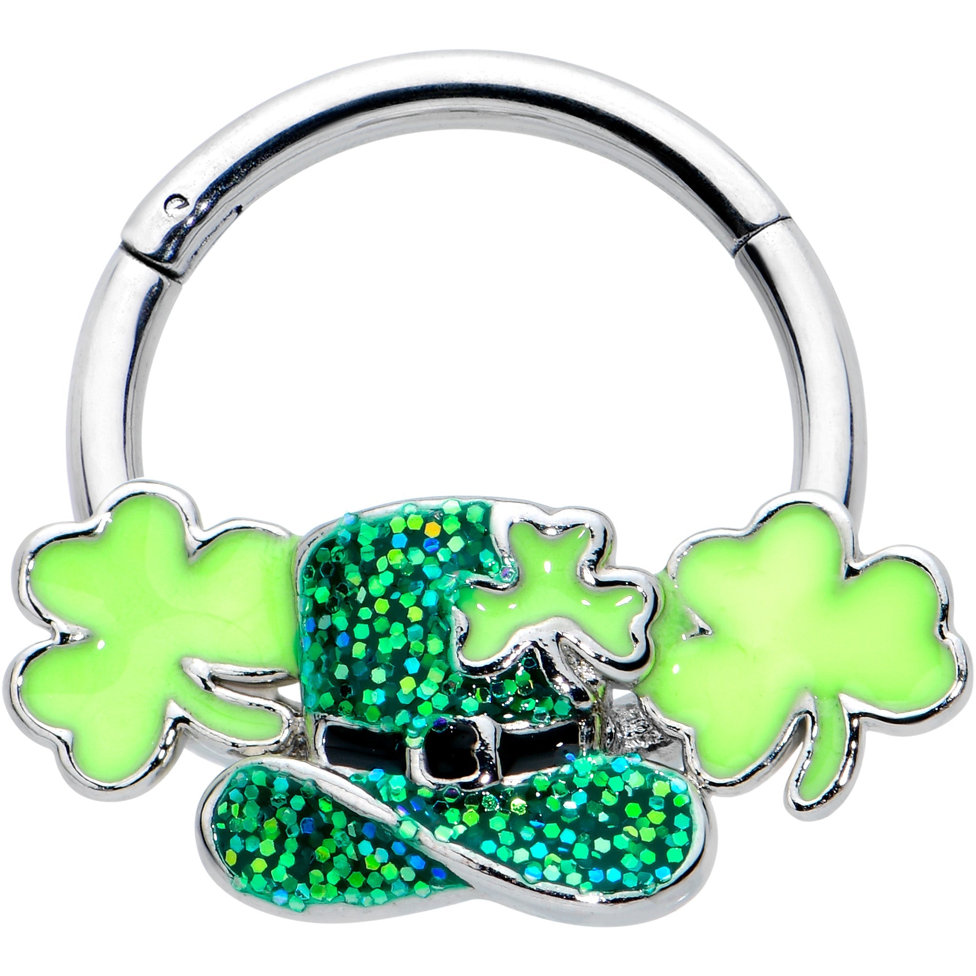BodyCandy 16G 3/8 Glitter Top Hat Shamrocks St Patricks Hinged Segment Ring — main product shot