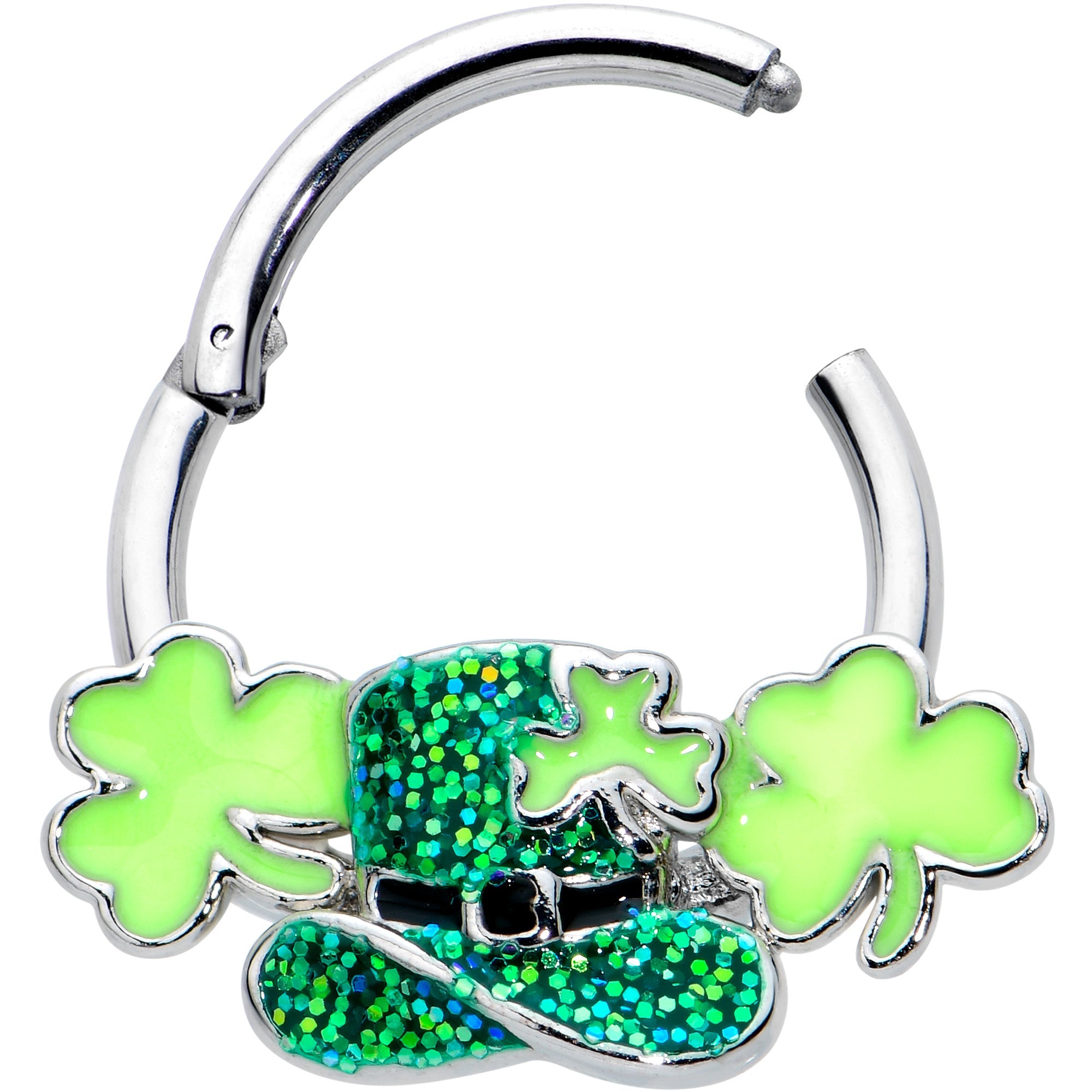 BodyCandy 16G 3/8 Glitter Top Hat Shamrocks St Patricks Hinged Segment Ring — detail close-up