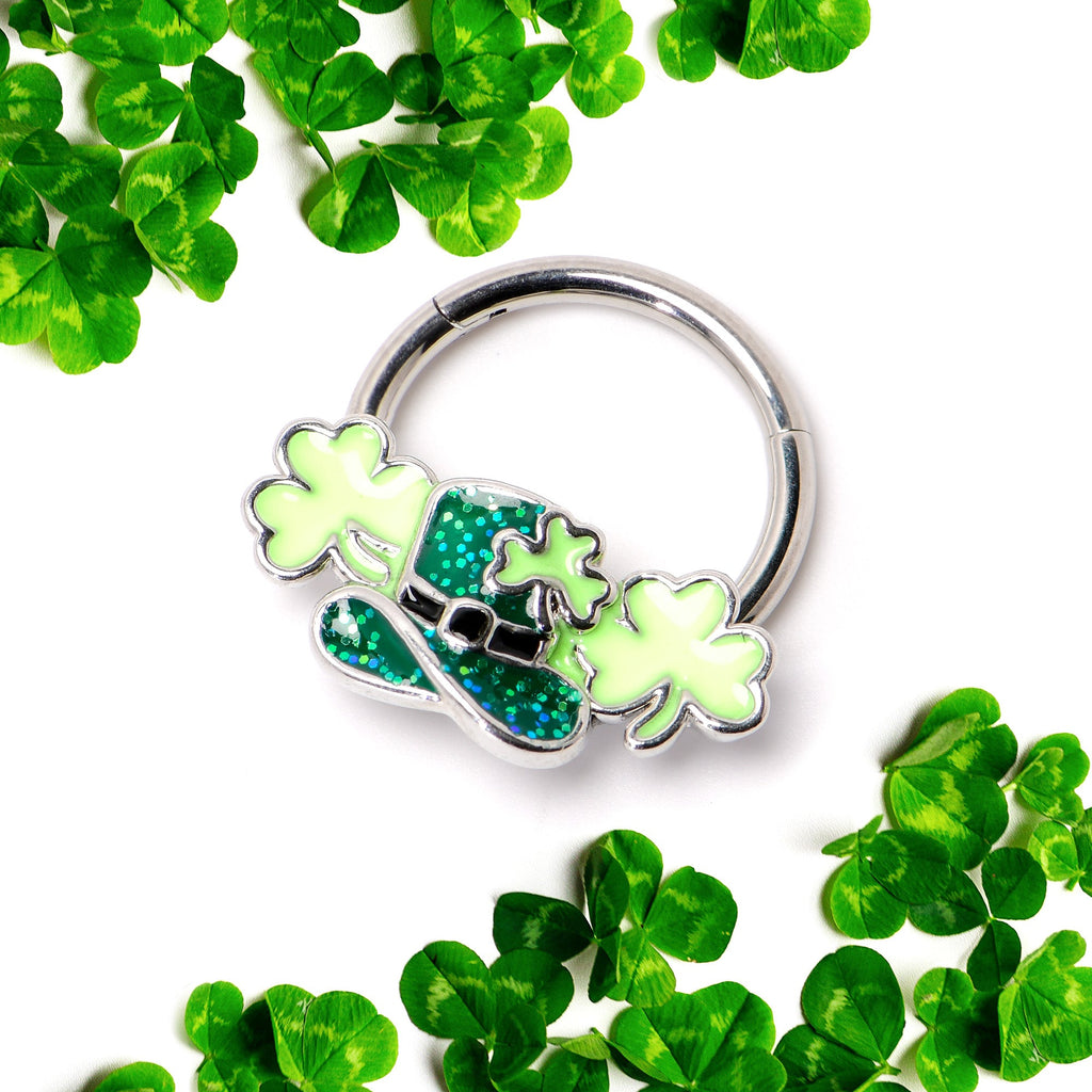 BodyCandy 16G 3/8 Glitter Top Hat Shamrocks St Patricks Hinged Segment Ring — side view