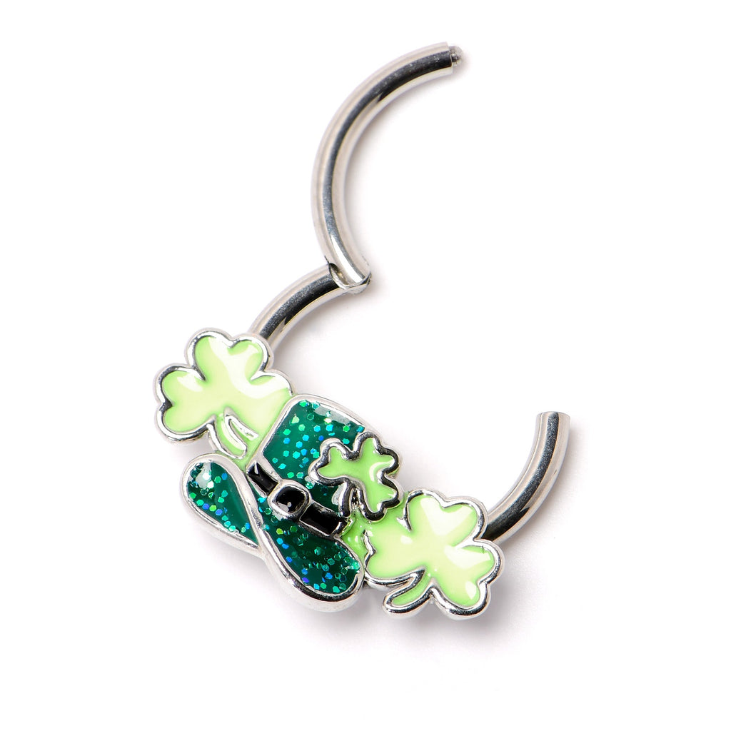 BodyCandy 16G 3/8 Glitter Top Hat Shamrocks St Patricks Hinged Segment Ring — back view