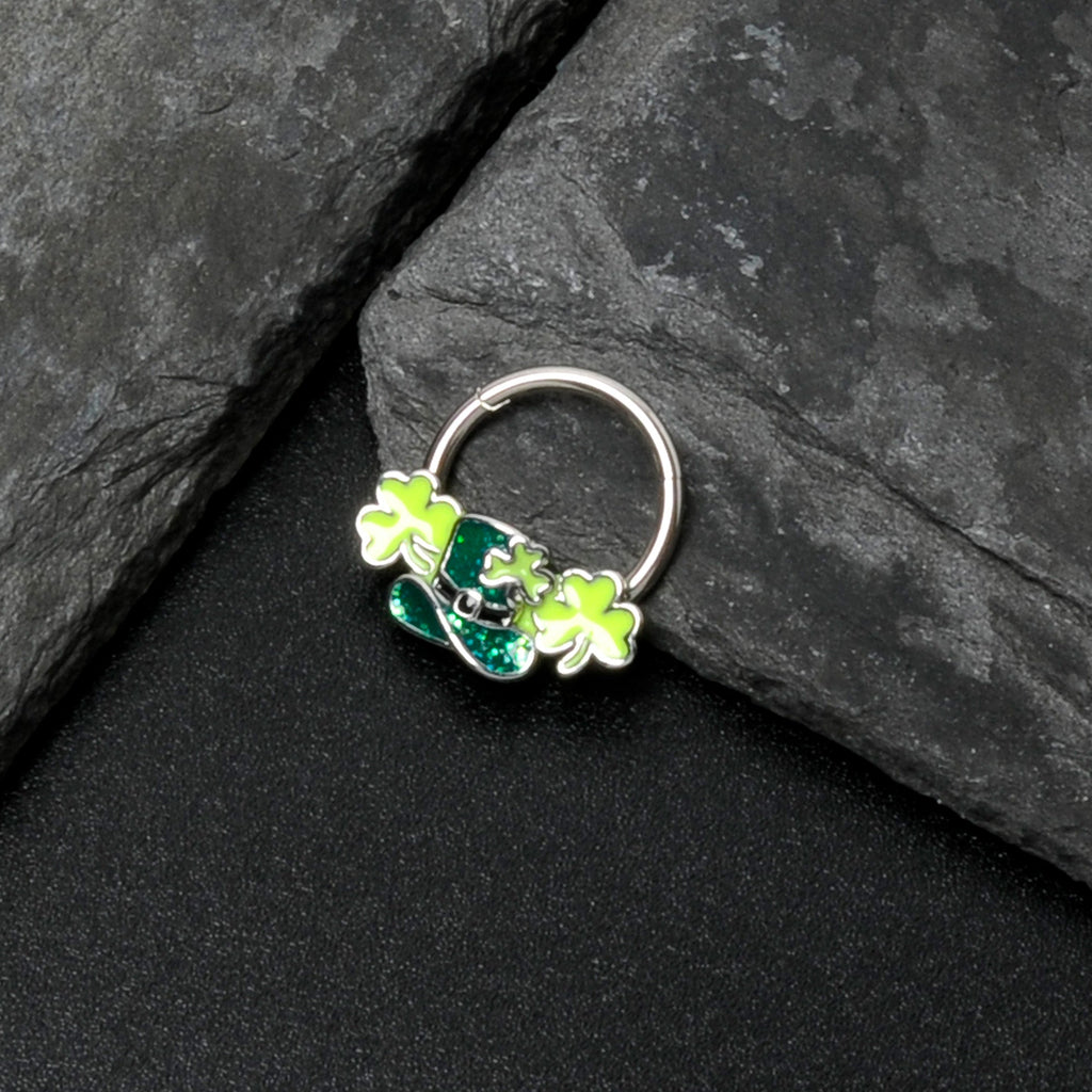 BodyCandy 16G 3/8 Glitter Top Hat Shamrocks St Patricks Hinged Segment Ring — in-use photo