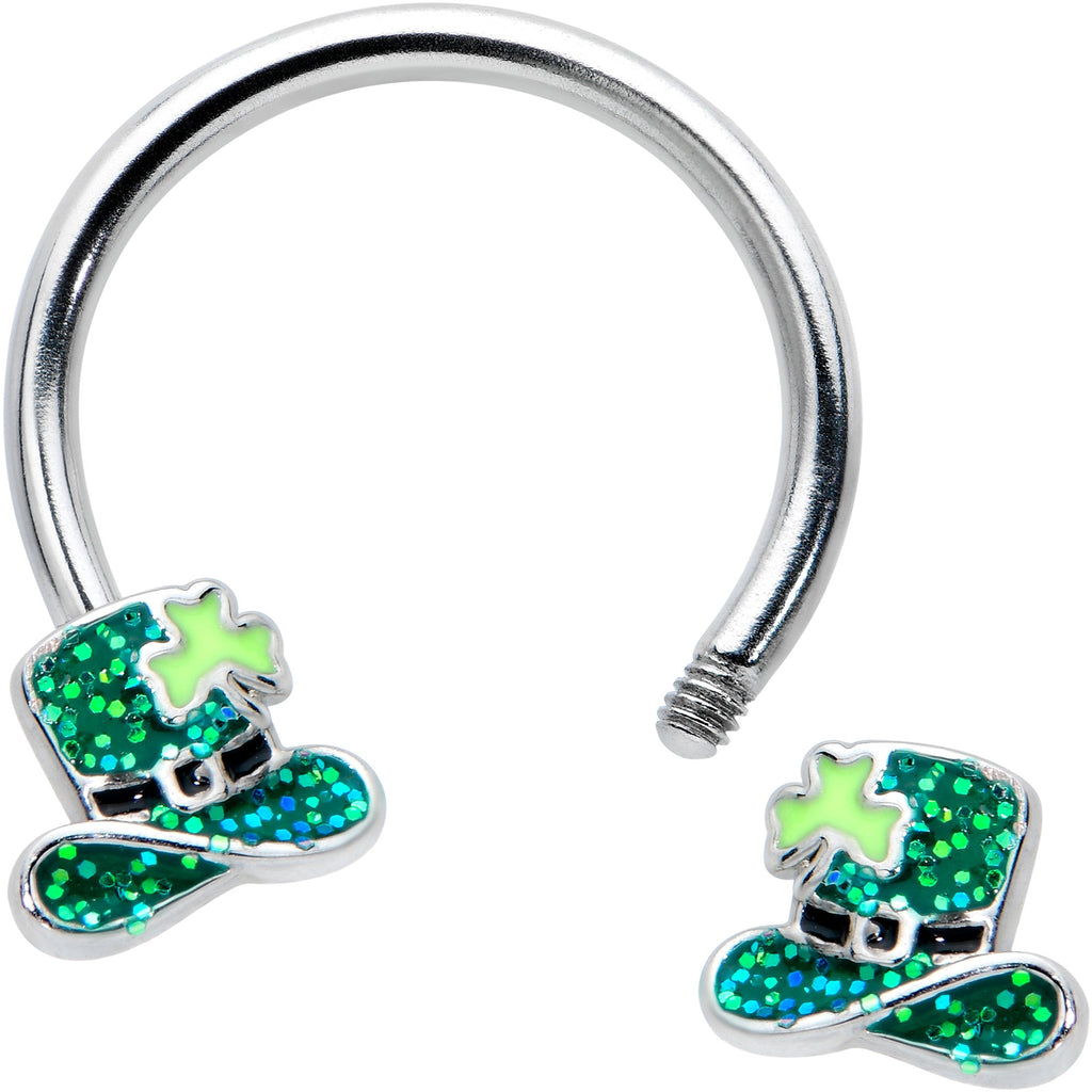 BodyCandy 16G 3/8 Glitter Top Hat Shamrock Horseshoe Circular Barbell — detail close-up