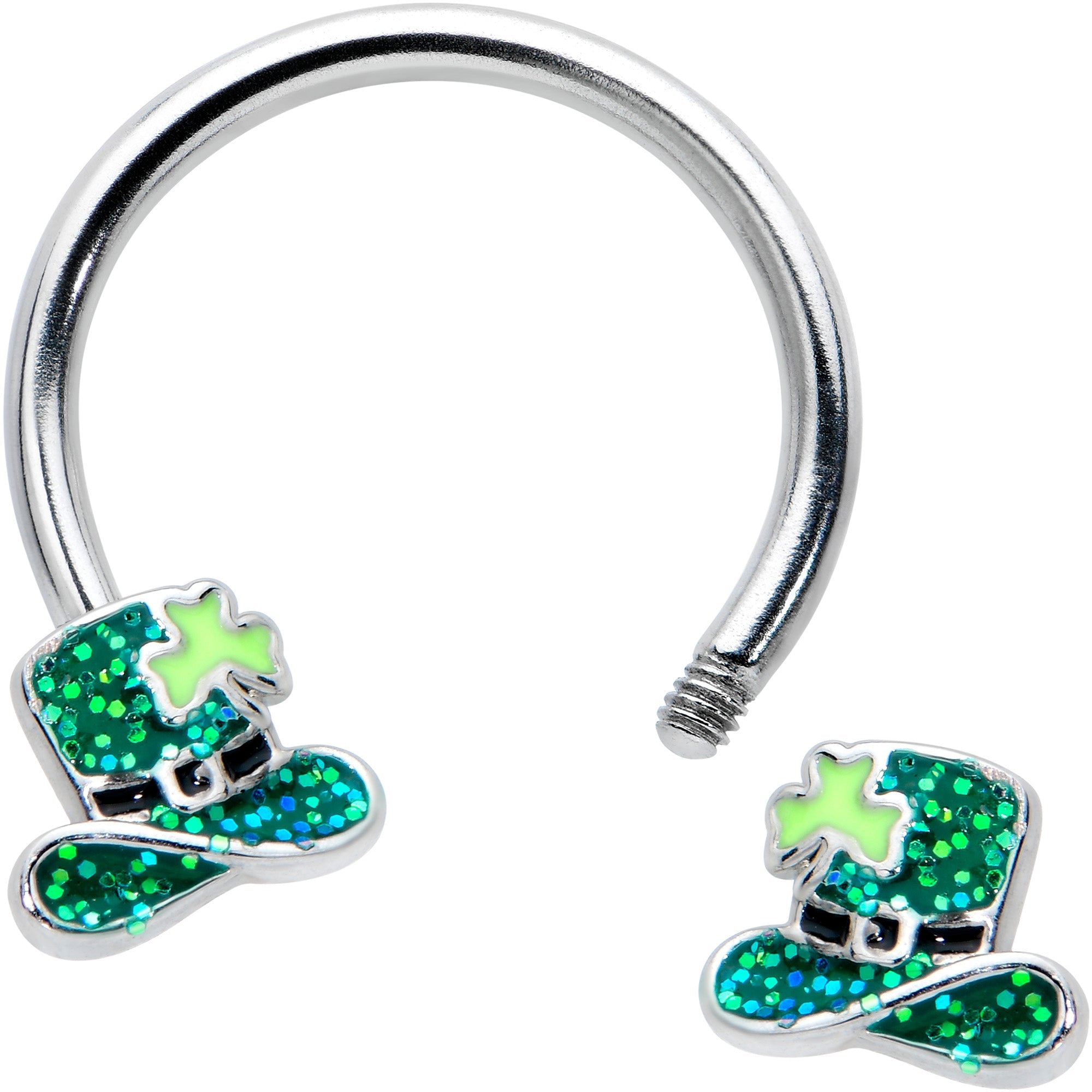 BodyCandy 16G 3/8 Glitter Top Hat Shamrock Horseshoe Circular Barbell — detail close-up