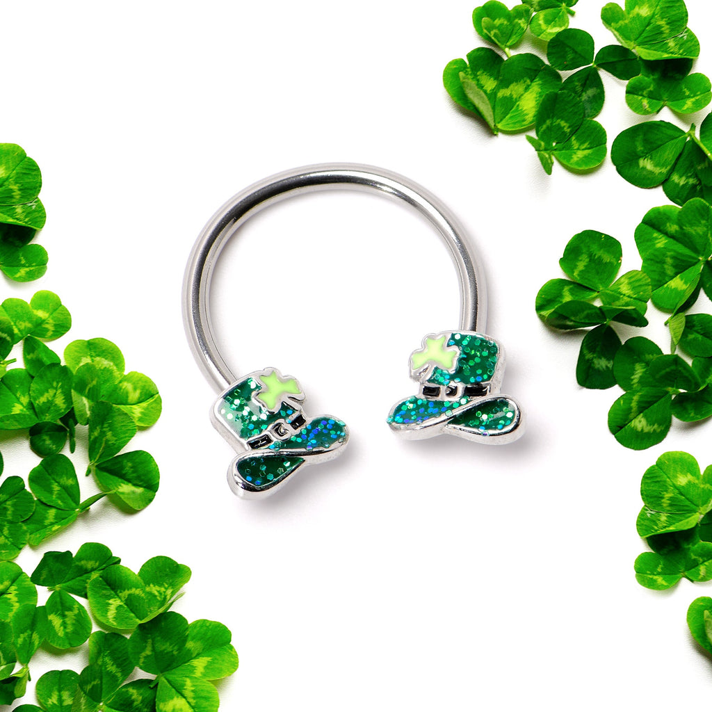 BodyCandy 16G 3/8 Glitter Top Hat Shamrock Horseshoe Circular Barbell — side view