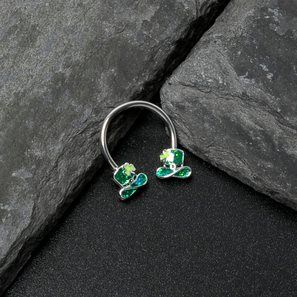 BodyCandy 16G 3/8 Glitter Top Hat Shamrock Horseshoe Circular Barbell — in-use photo