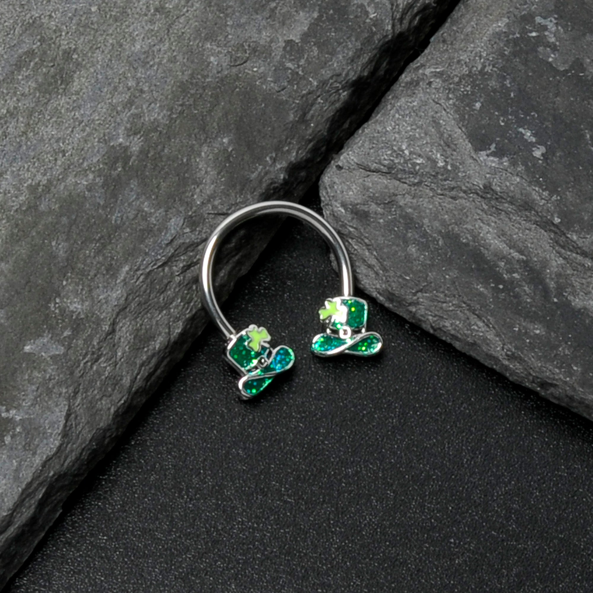 BodyCandy 16G 3/8 Glitter Top Hat Shamrock Horseshoe Circular Barbell — in-use photo