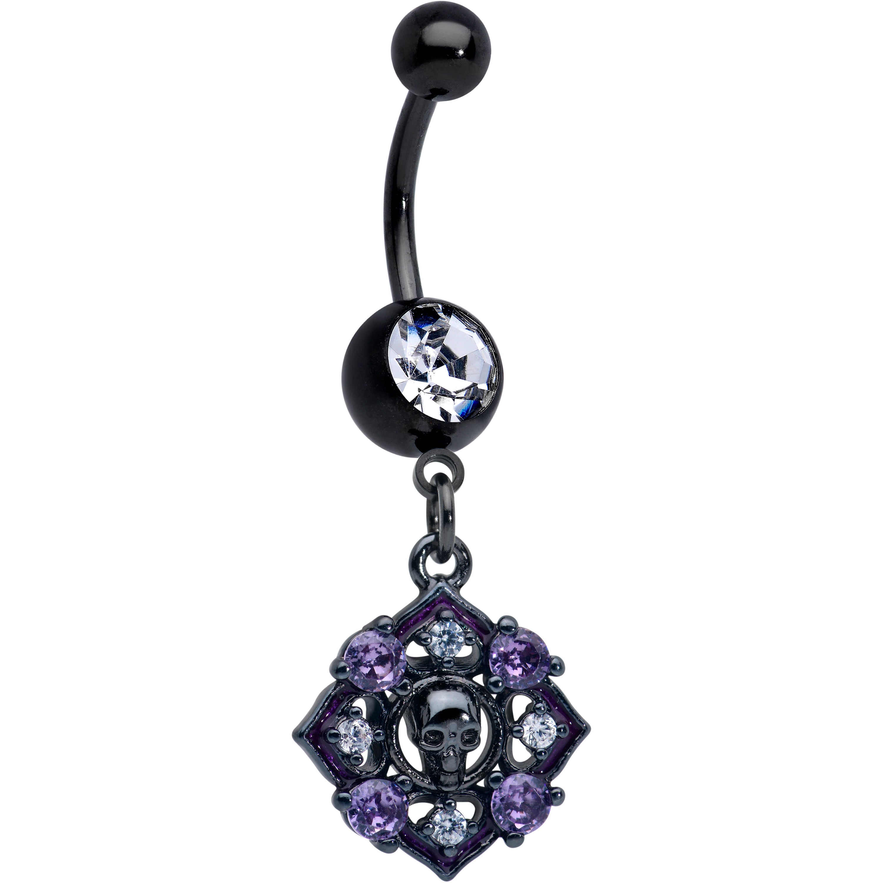 BodyCandy Clear Purple Gem Black Skull Circle Dangle Belly Ring — main product shot