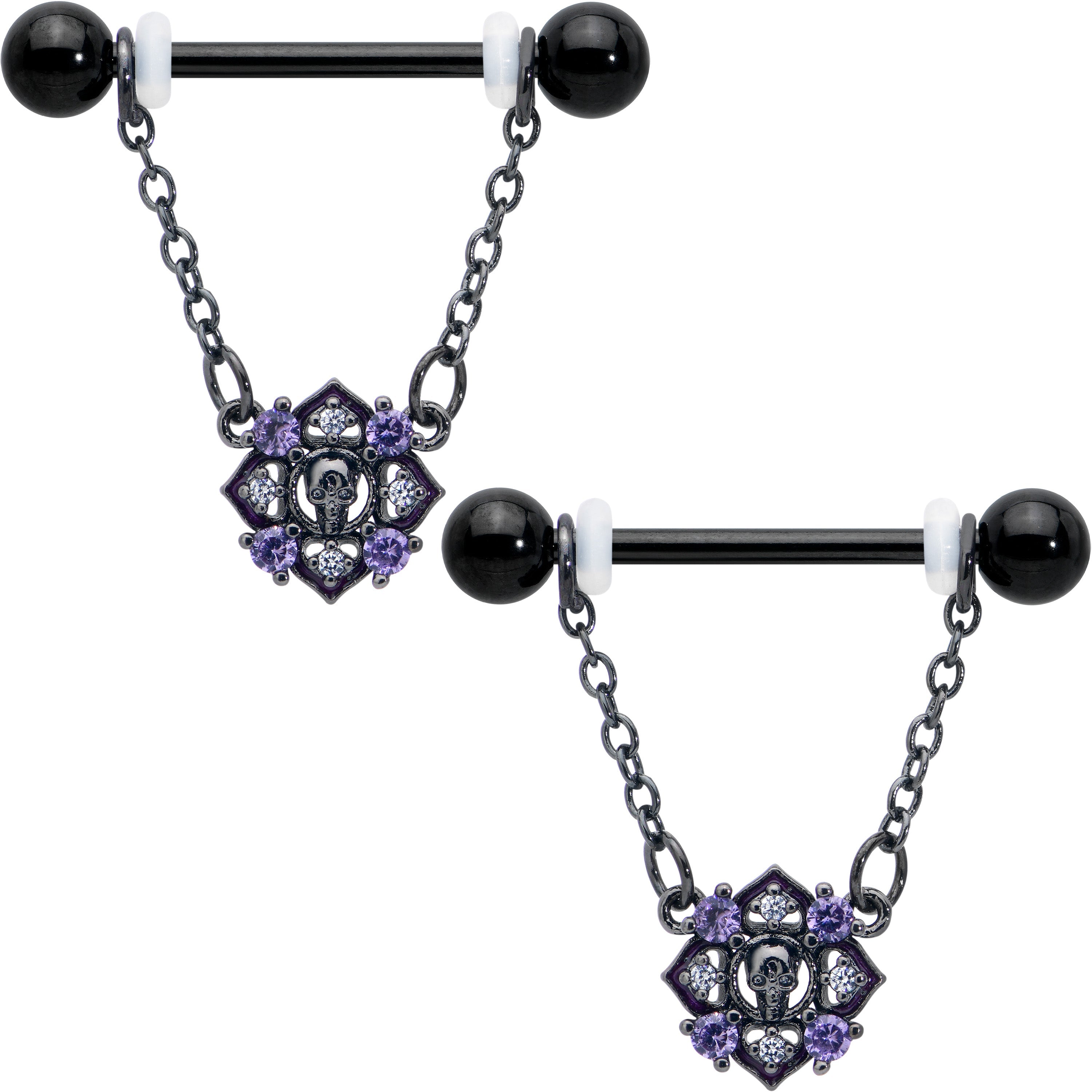 BodyCandy 14G 9/16 Purple Gem Black Skull Circle Chain Dangle Nipple Ring Set — main product shot