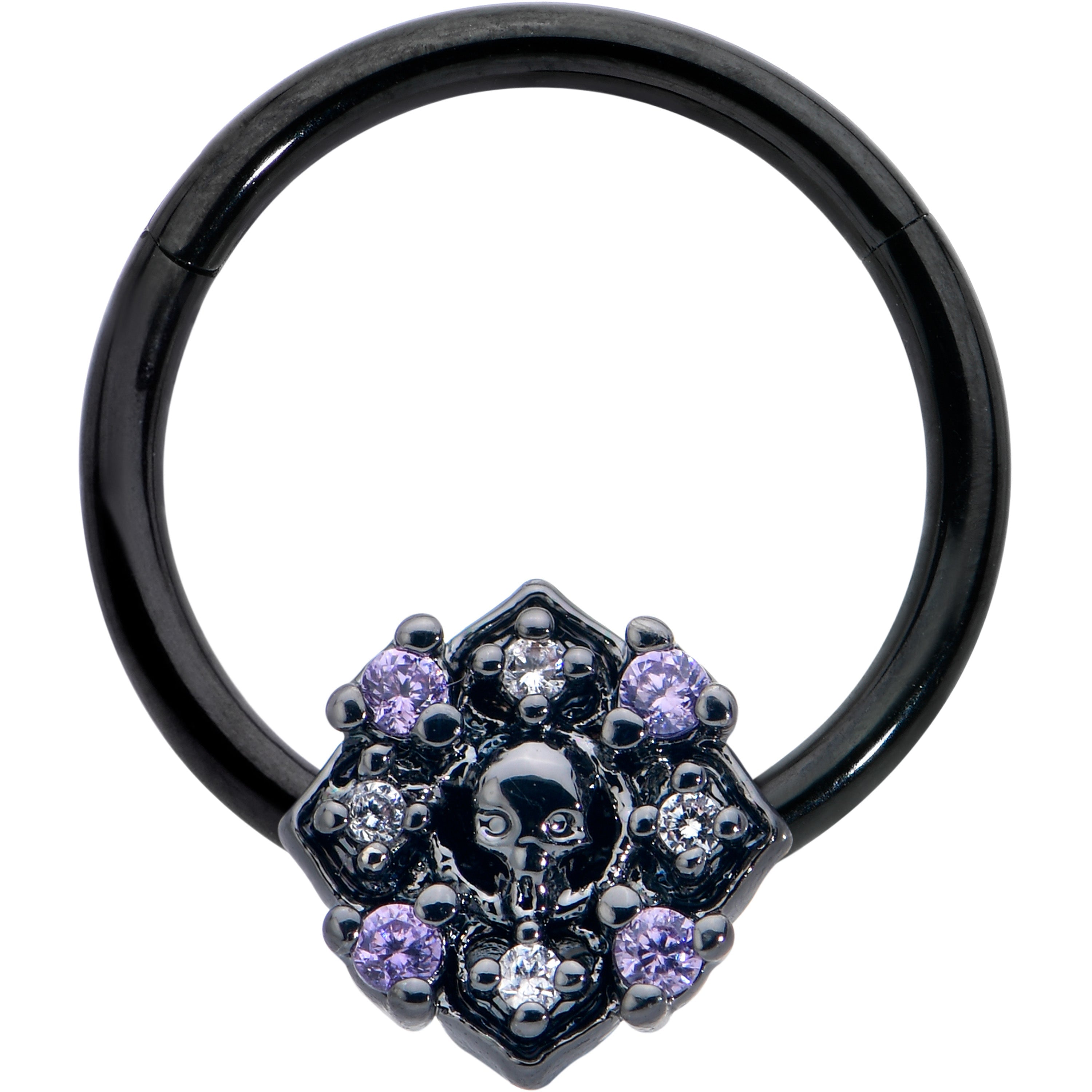 BodyCandy 16G 3/8 Purple Gem Black Skull Circle Hinged Segment Ring — main product shot