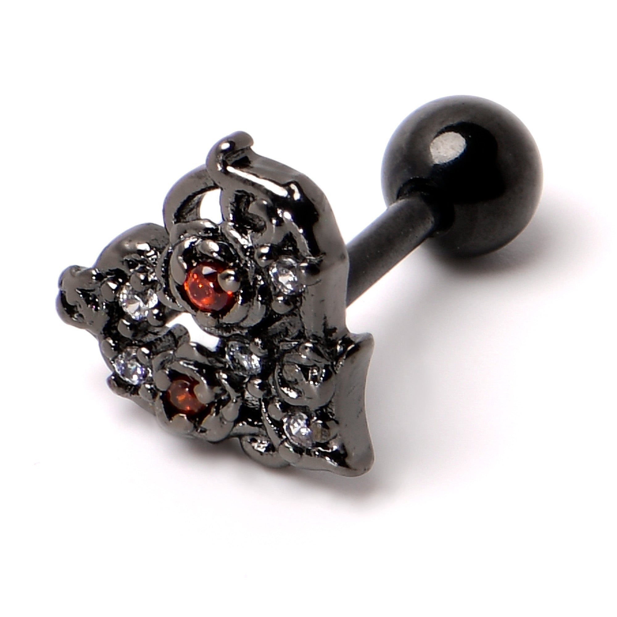 BodyCandy 16G 1/4 Clear Red CZ Gem Black Floral Heart Cartilage Earring — back view