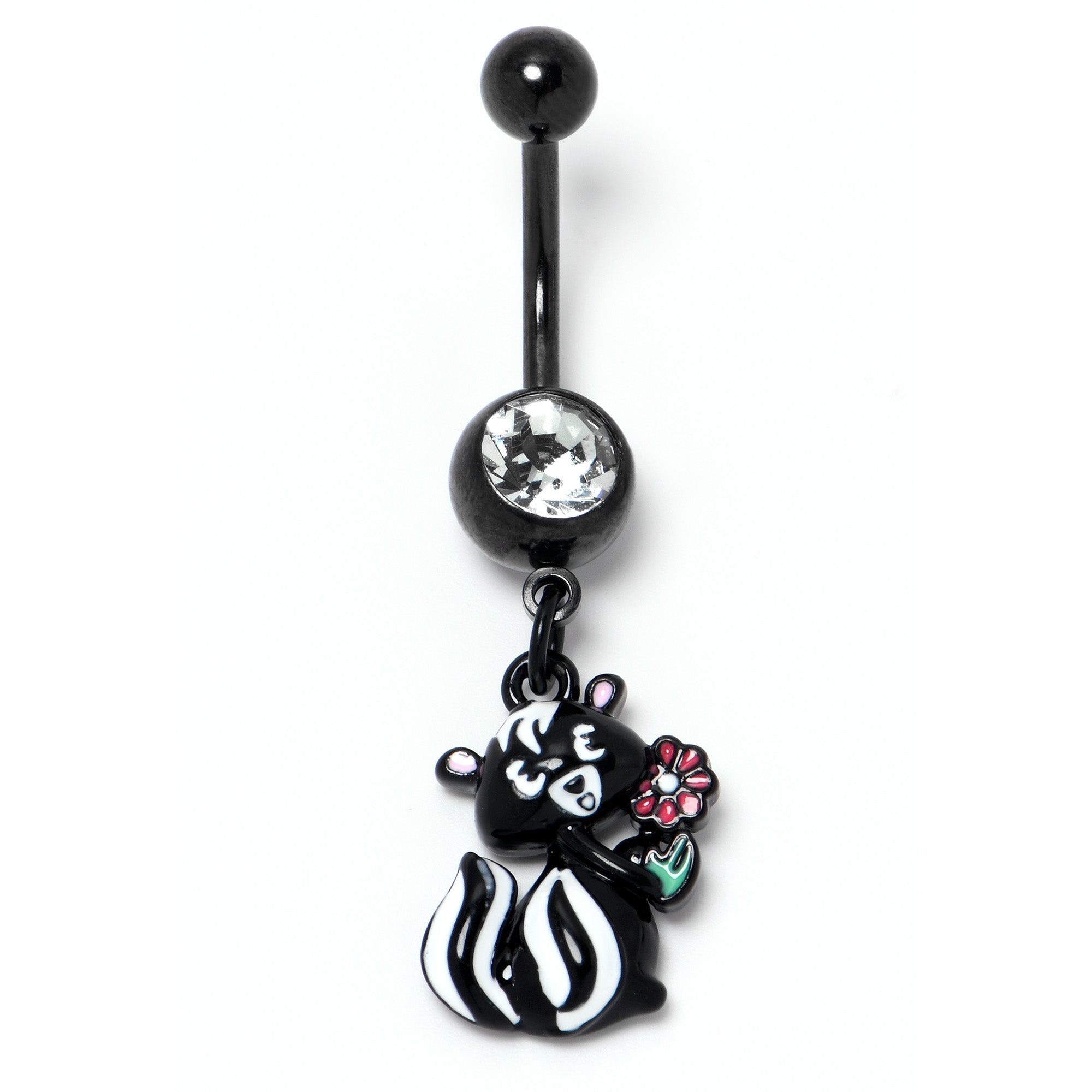 BodyCandy Clear Gem Black Funky Skunk Dangle Belly Ring — side view