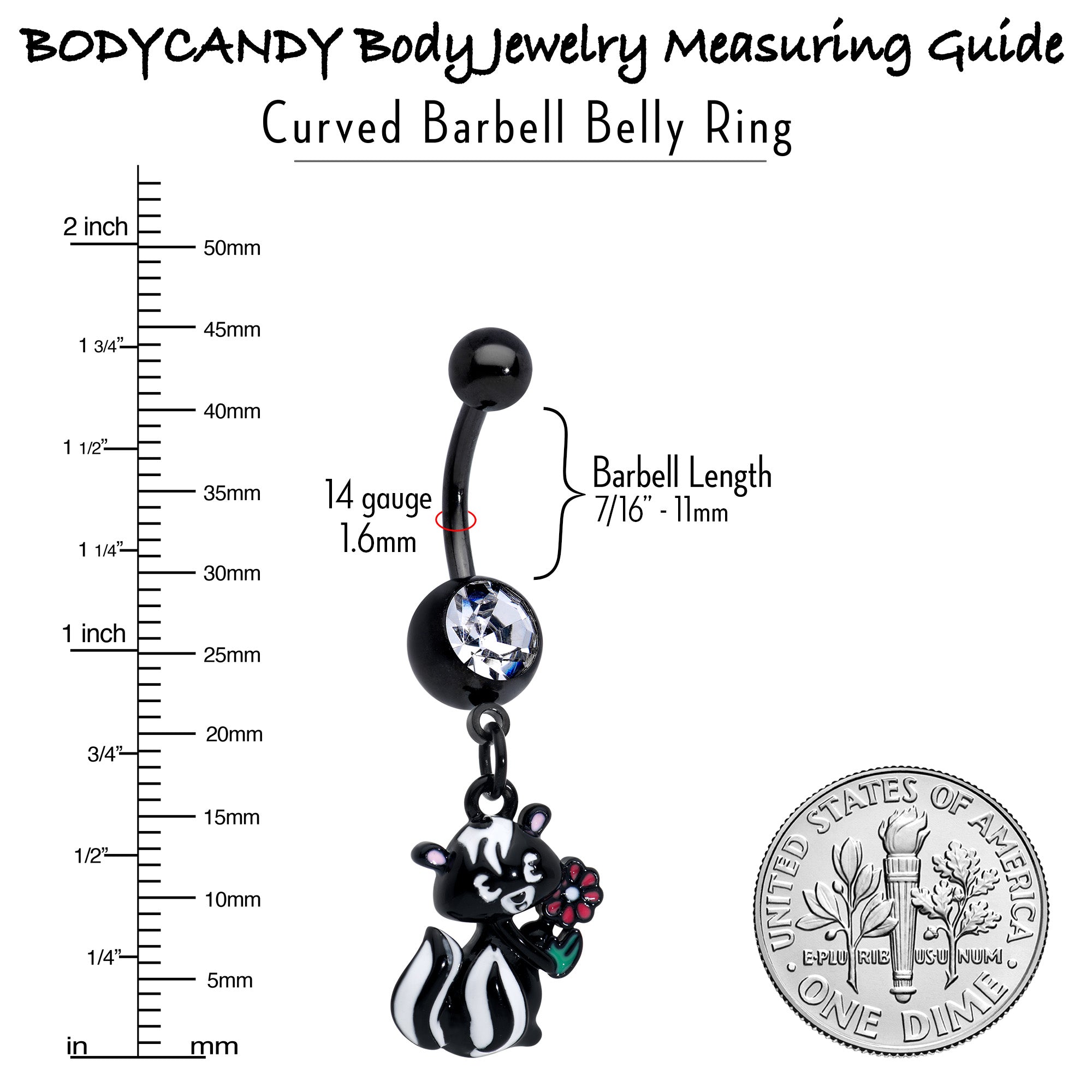 BodyCandy Clear Gem Black Funky Skunk Dangle Belly Ring — in-use photo