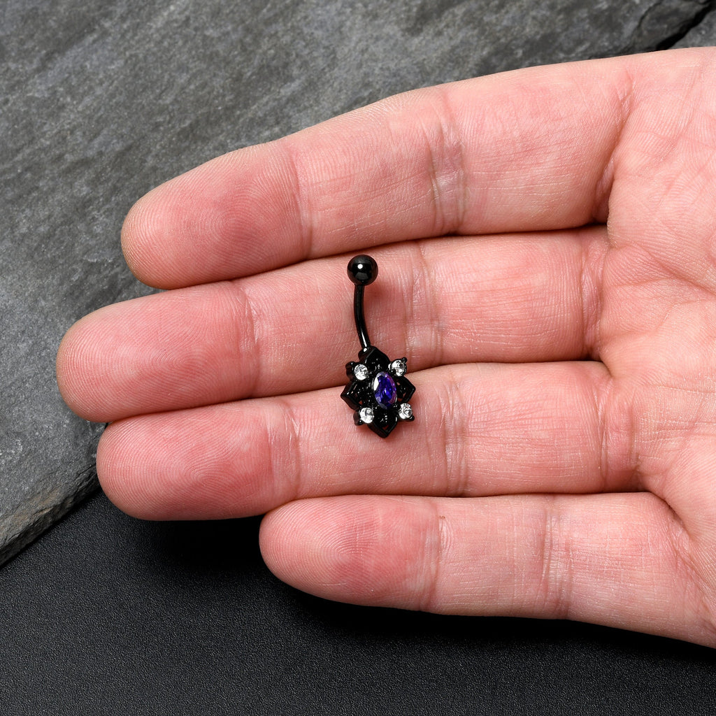 BodyCandy Purple Clear Gem Black Scrolling Hearts Belly Ring — detail close-up
