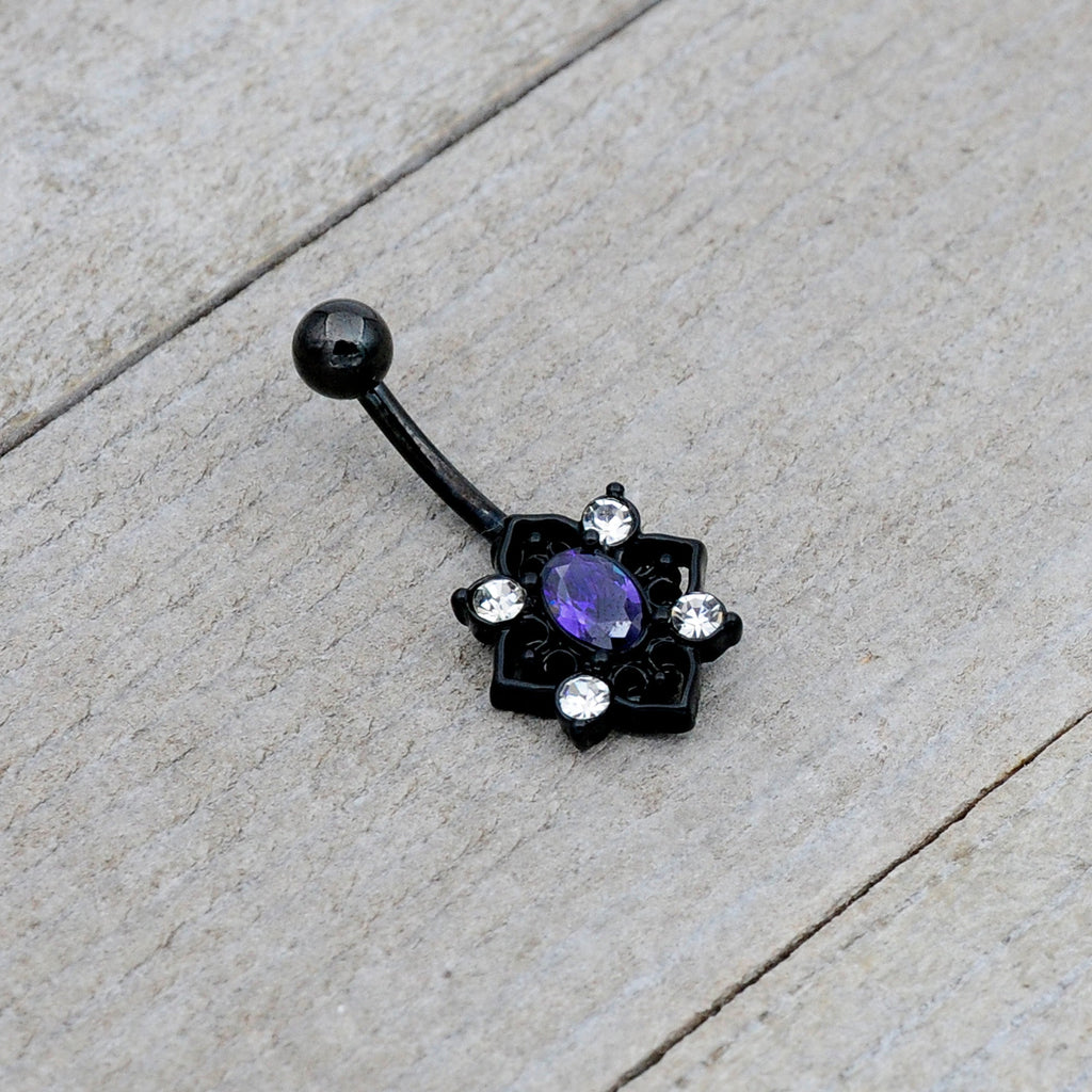 BodyCandy Purple Clear Gem Black Scrolling Hearts Belly Ring — lifestyle context