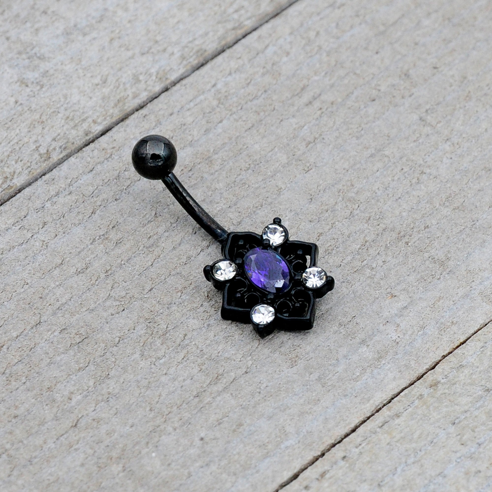 BodyCandy Purple Clear Gem Black Scrolling Hearts Belly Ring — lifestyle context