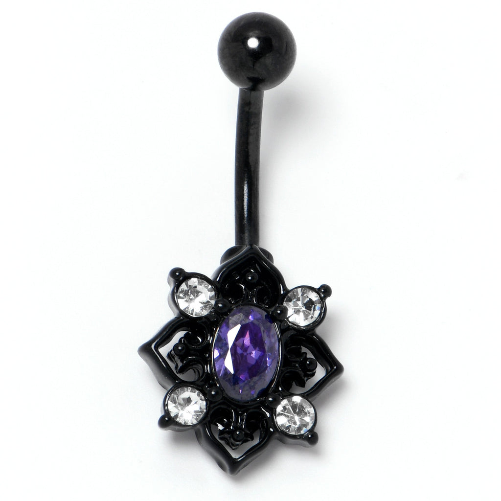 BodyCandy Purple Clear Gem Black Scrolling Hearts Belly Ring — side view