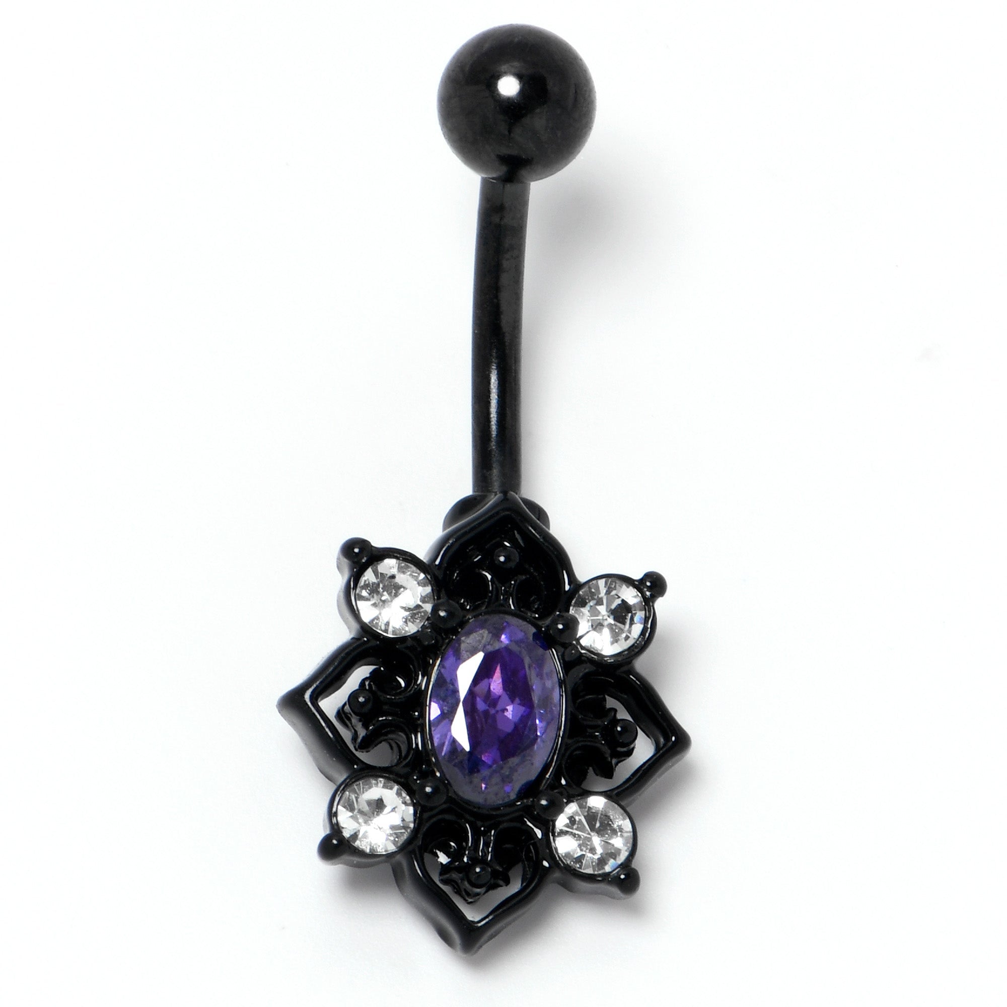 BodyCandy Purple Clear Gem Black Scrolling Hearts Belly Ring — side view