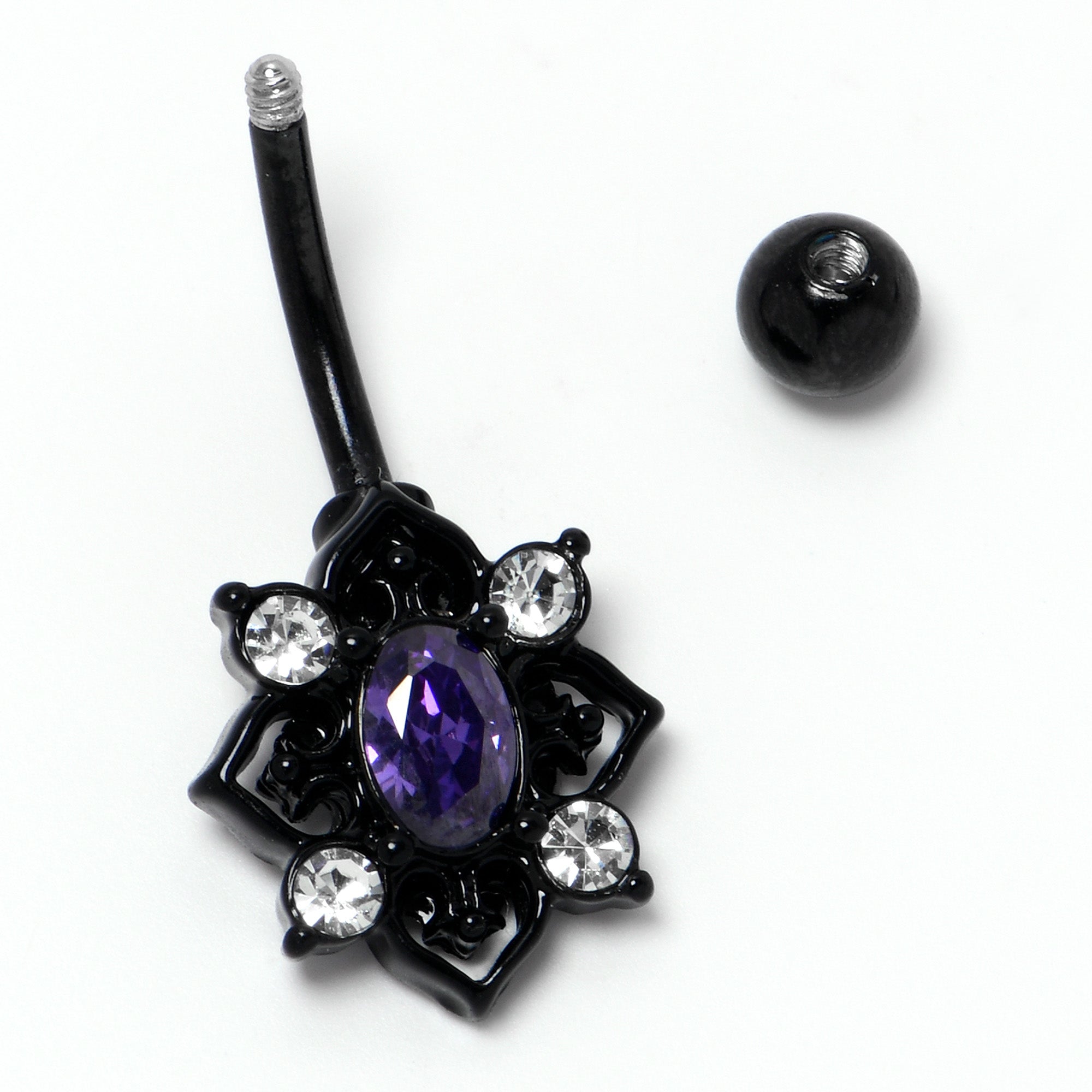 BodyCandy Purple Clear Gem Black Scrolling Hearts Belly Ring — back view