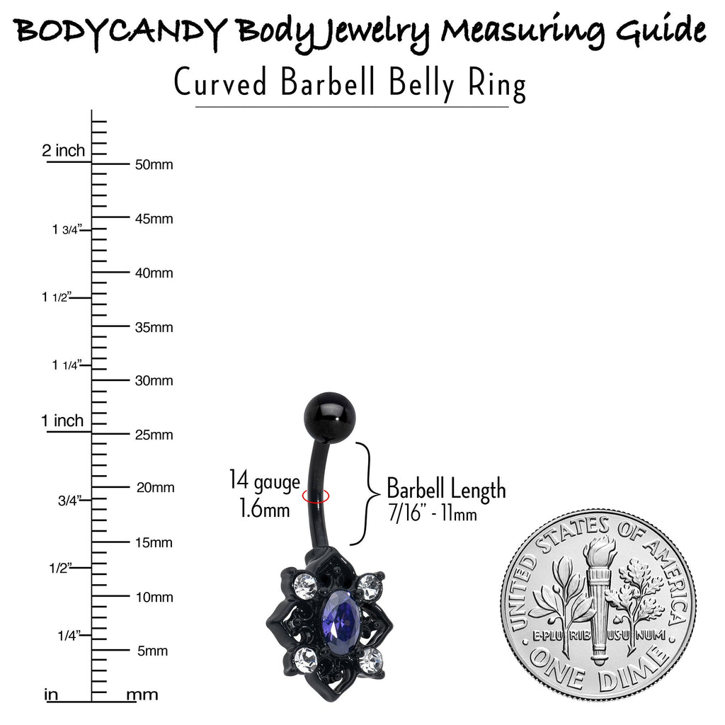 BodyCandy Purple Clear Gem Black Scrolling Hearts Belly Ring — in-use photo