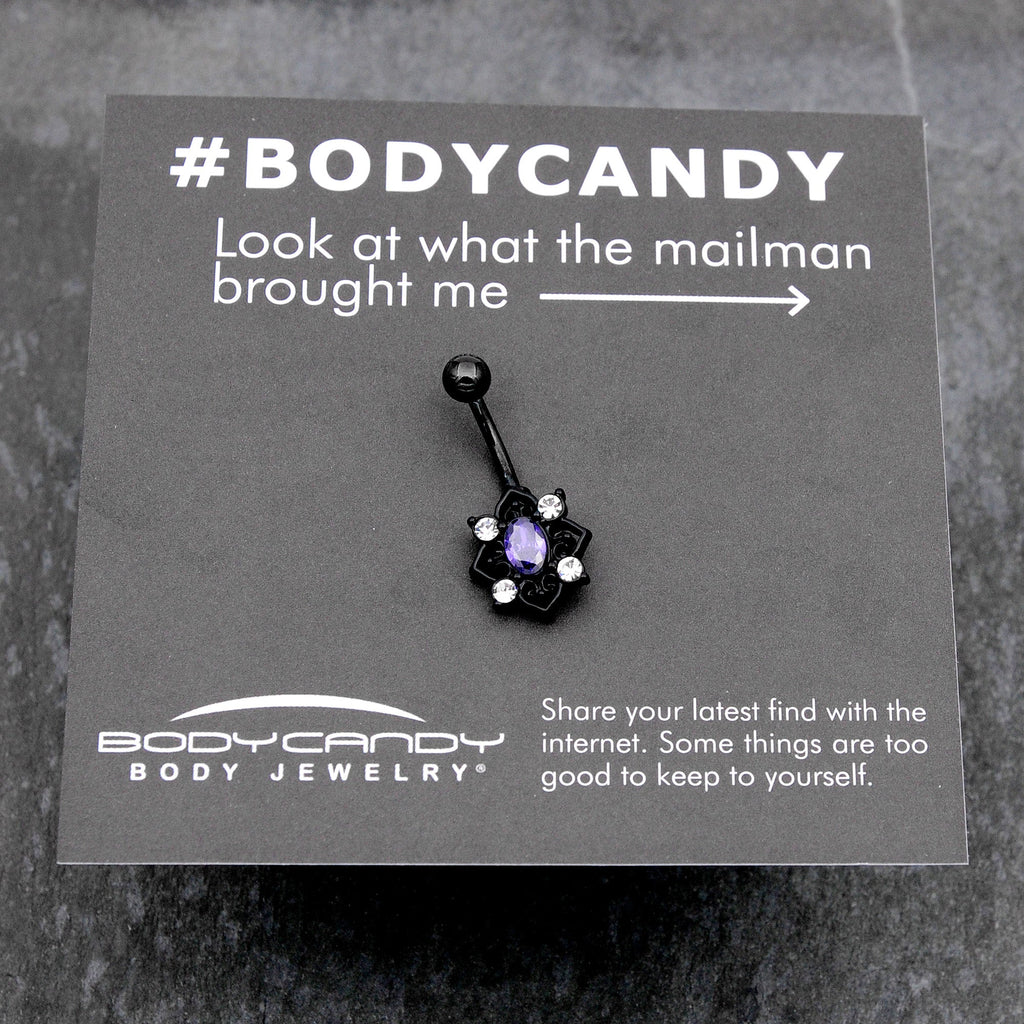 BodyCandy Purple Clear Gem Black Scrolling Hearts Belly Ring — size reference