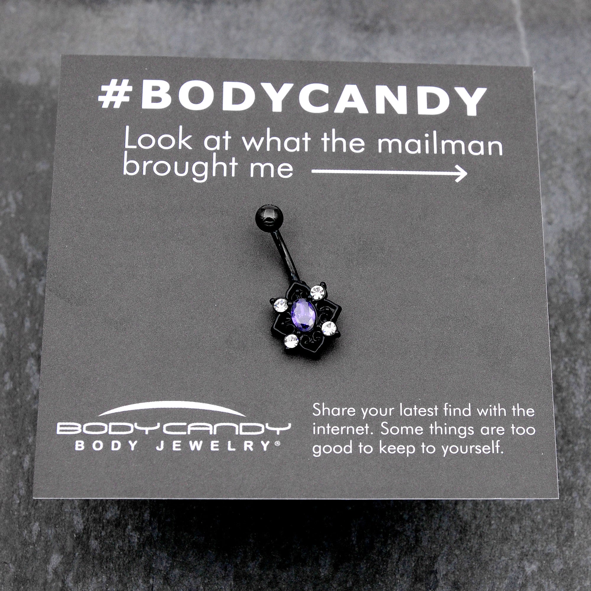 BodyCandy Purple Clear Gem Black Scrolling Hearts Belly Ring — size reference