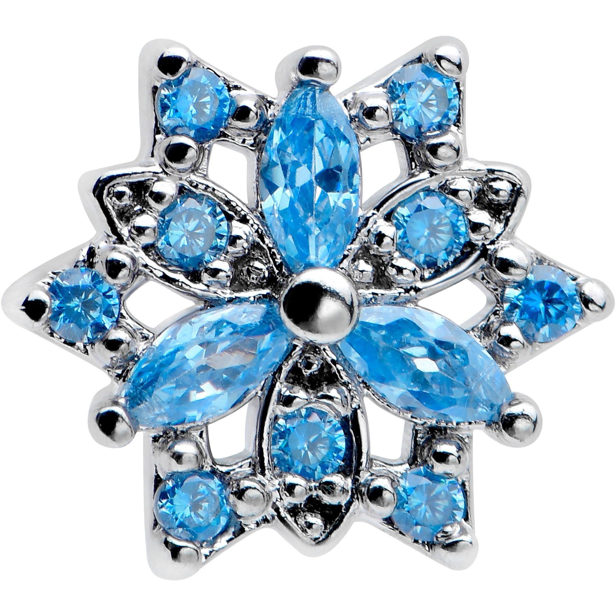 BodyCandy 16G 5/16 Blue CZ Gem Snowflake Blues Labret Monroe Tragus — detail close-up