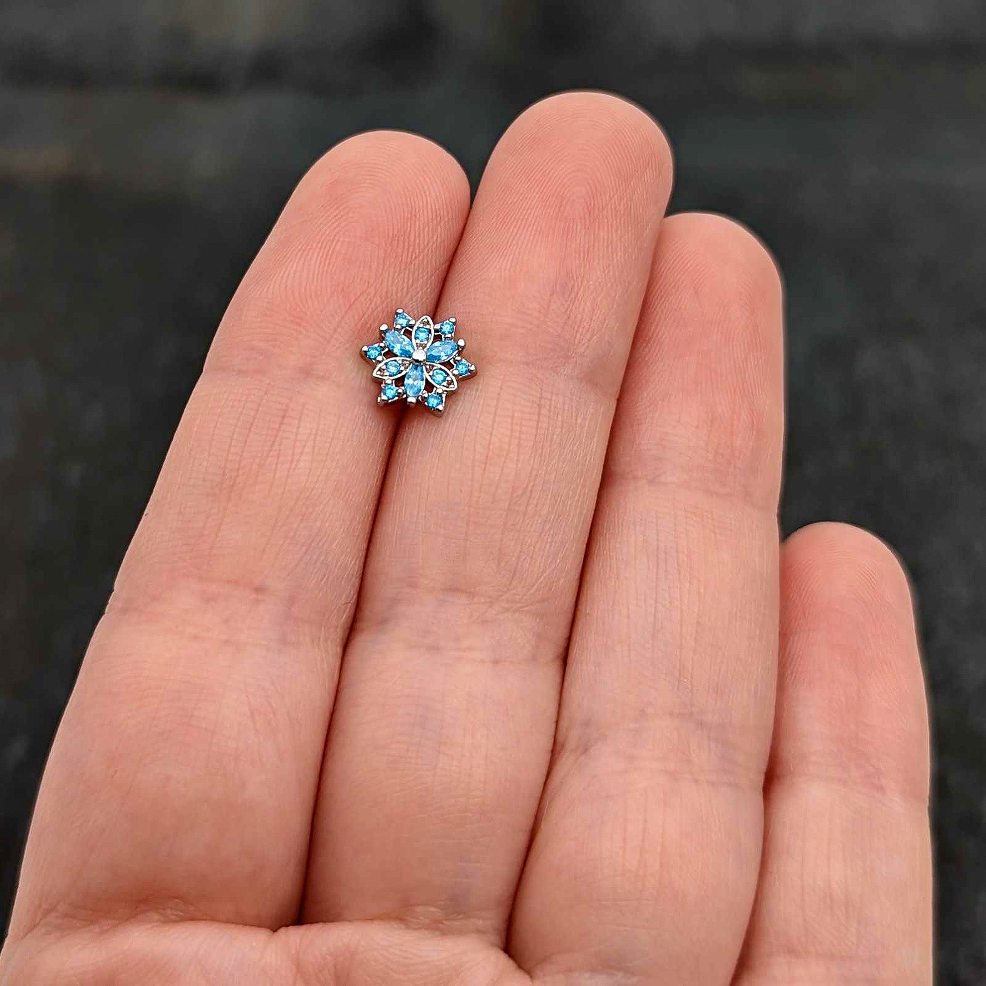 BodyCandy 16G 5/16 Blue CZ Gem Snowflake Blues Labret Monroe Tragus — side view