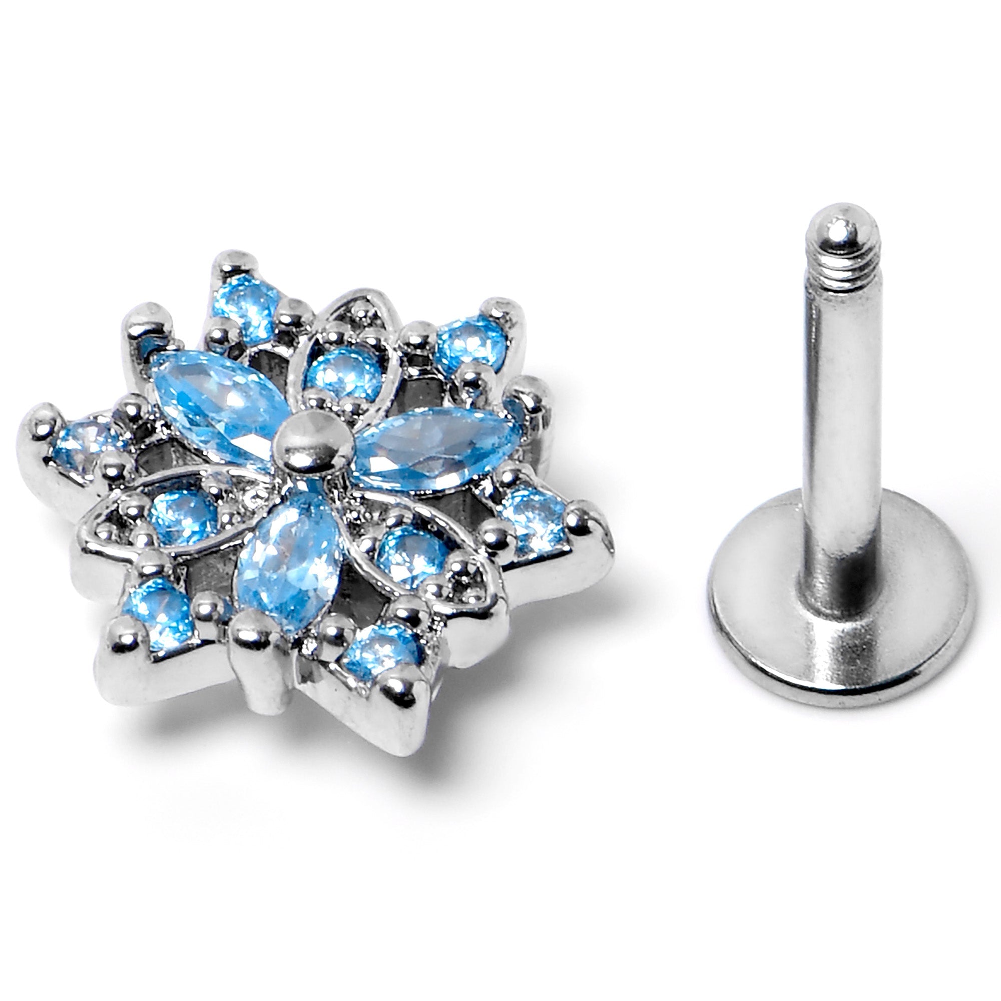 BodyCandy 16G 5/16 Blue CZ Gem Snowflake Blues Labret Monroe Tragus — in-use photo