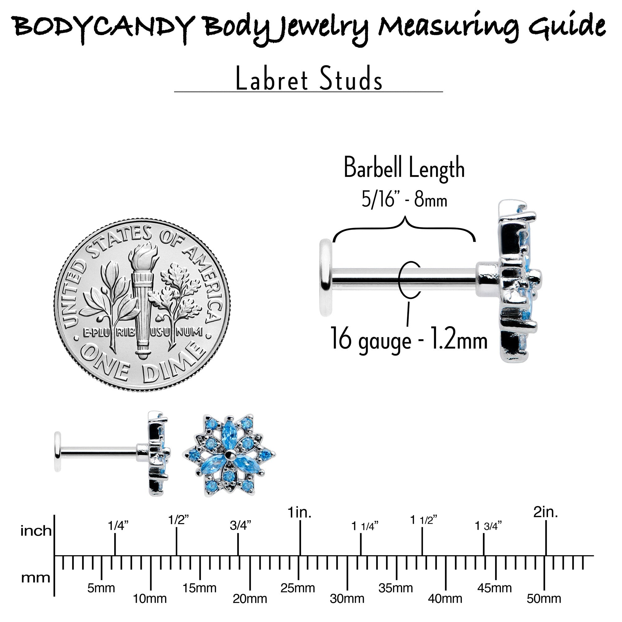 BodyCandy 16G 5/16 Blue CZ Gem Snowflake Blues Labret Monroe Tragus — size reference