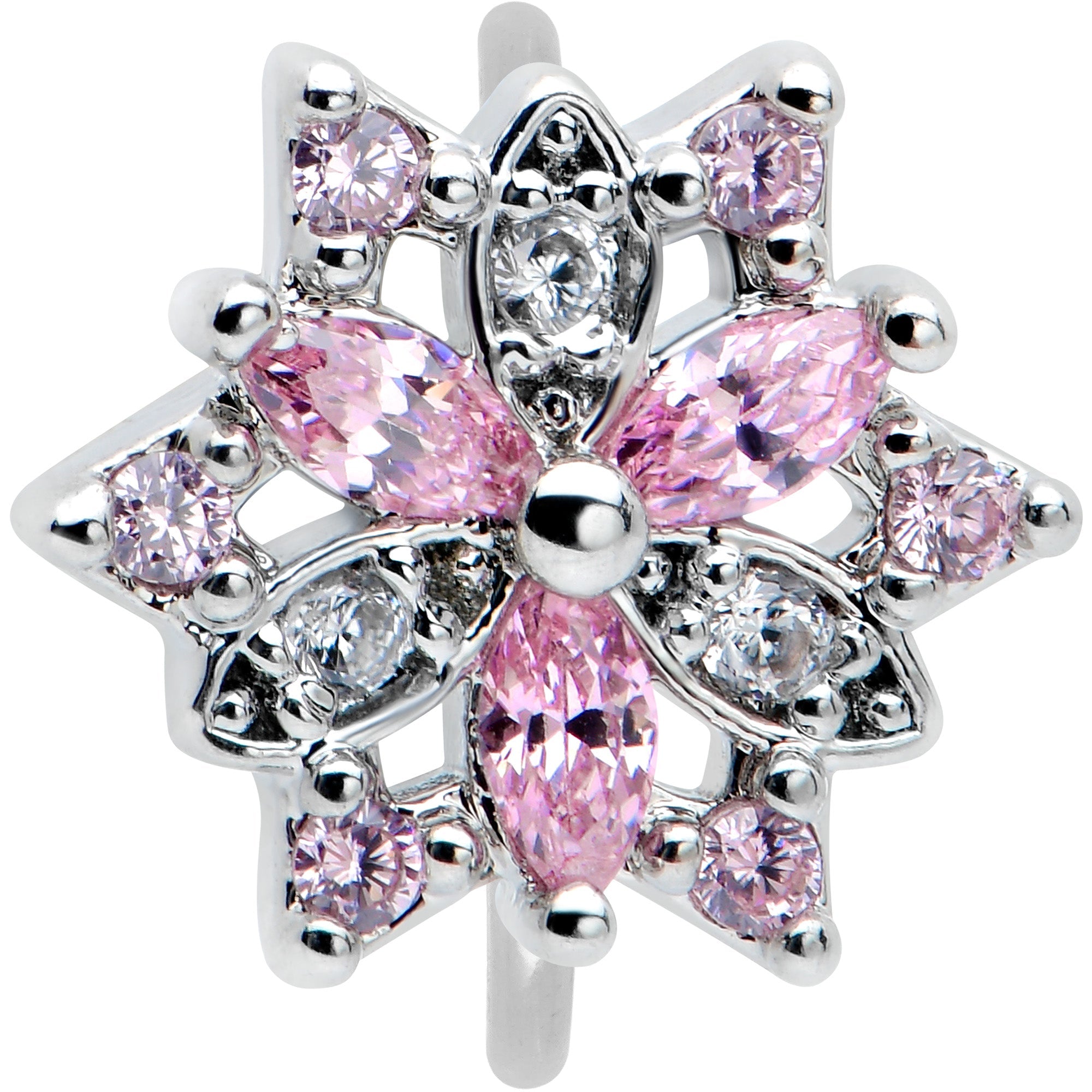 BodyCandy 20G 5/16 Pink Clear CZ Gem Snowflake Nose Hoop — detail close-up
