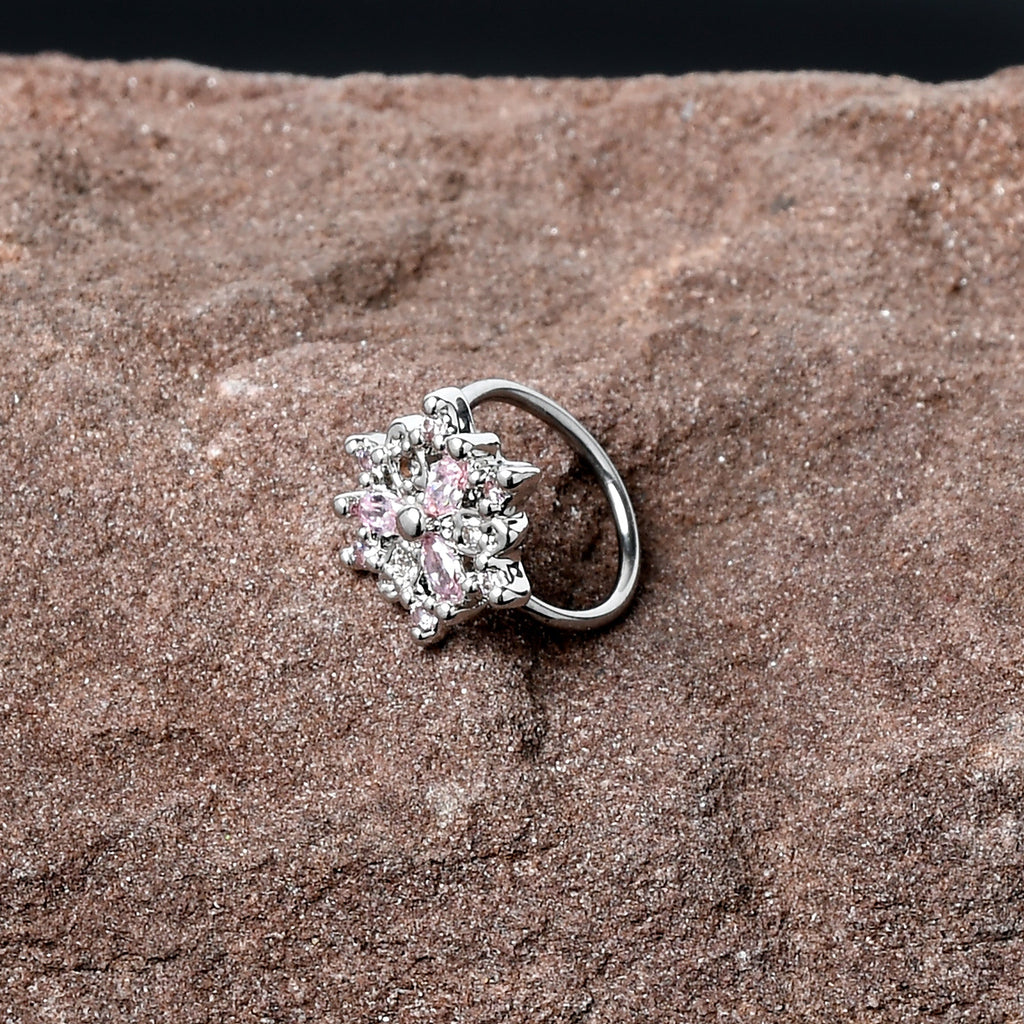 BodyCandy 20G 5/16 Pink Clear CZ Gem Snowflake Nose Hoop — side view
