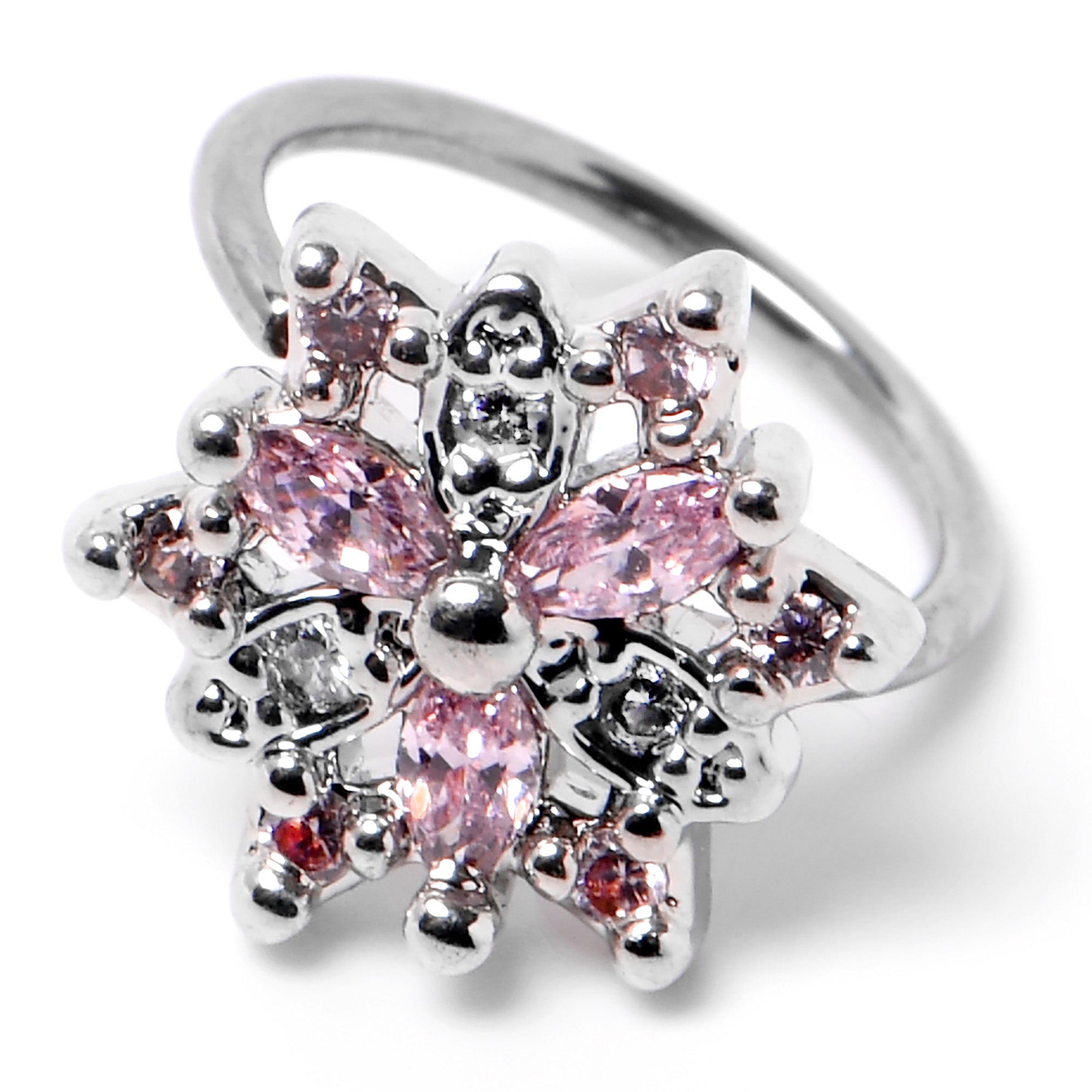 BodyCandy 20G 5/16 Pink Clear CZ Gem Snowflake Nose Hoop — back view