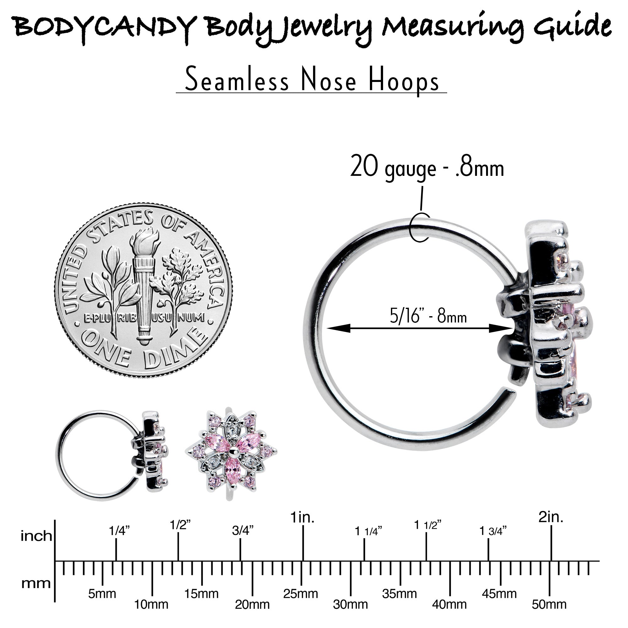 BodyCandy 20G 5/16 Pink Clear CZ Gem Snowflake Nose Hoop — alternative angle