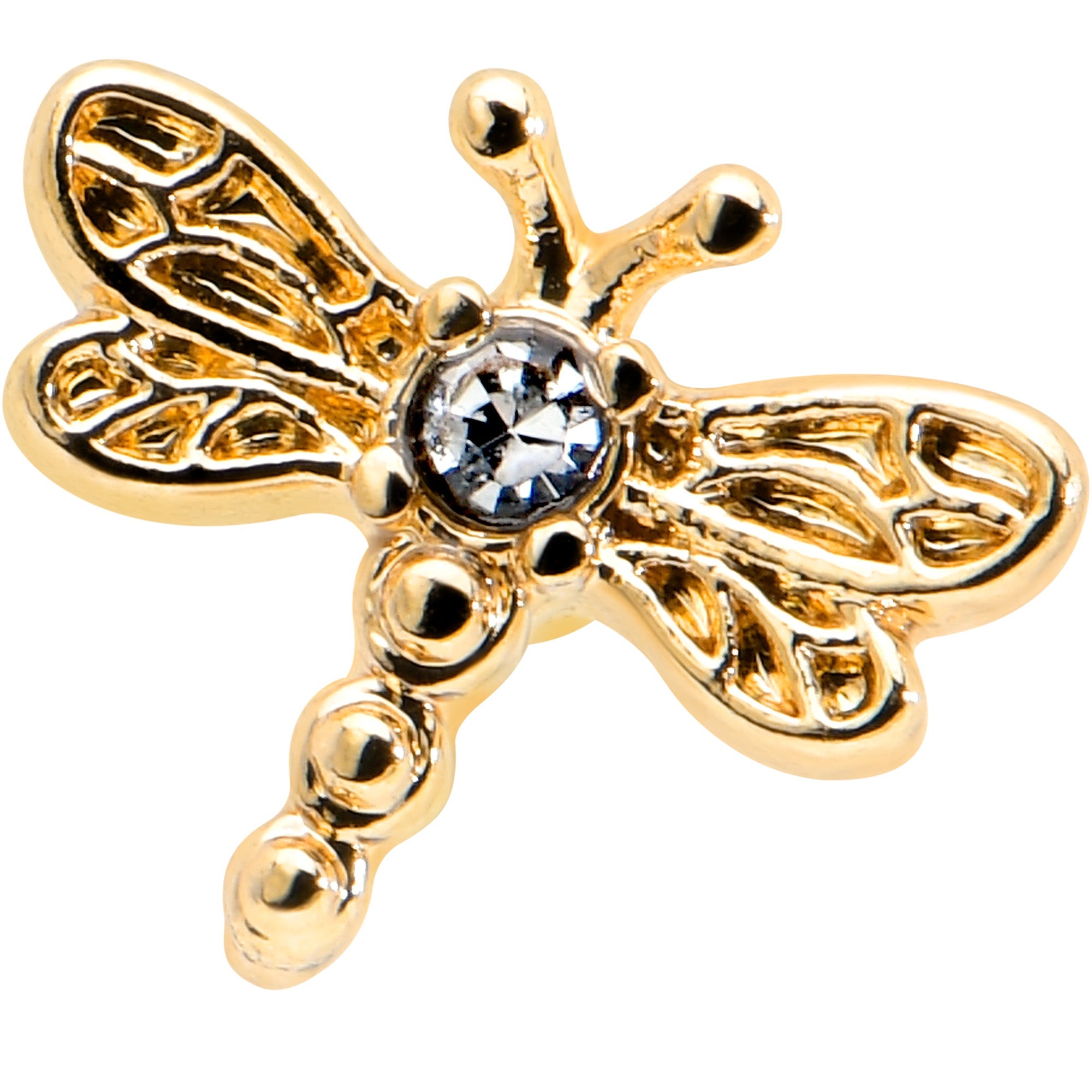 BodyCandy Clear Gem Gold Tone Flying Dragonfly Barbell Tongue Ring — detail close-up