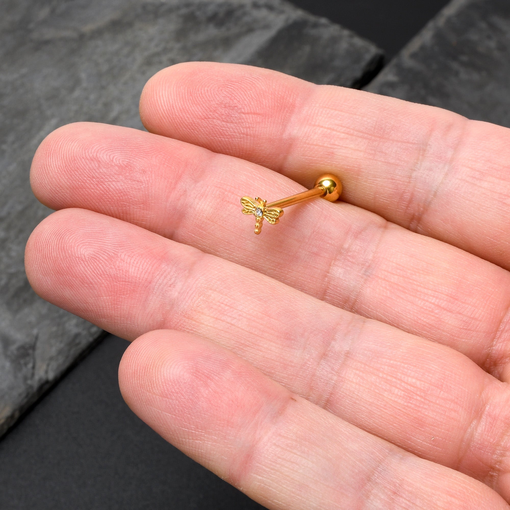 BodyCandy Clear Gem Gold Tone Flying Dragonfly Barbell Tongue Ring — side view