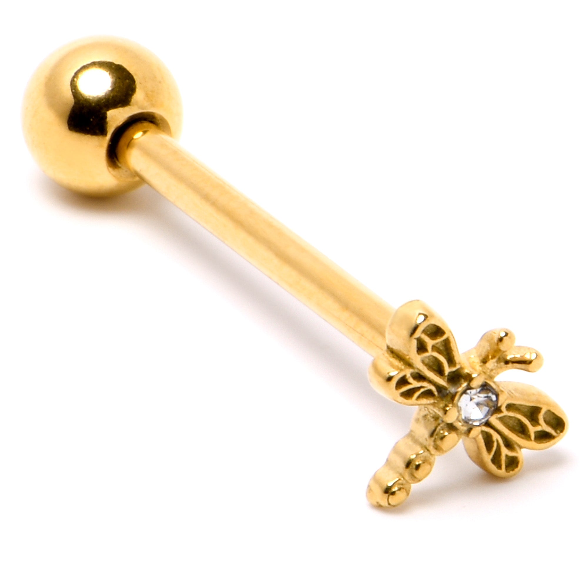 BodyCandy Clear Gem Gold Tone Flying Dragonfly Barbell Tongue Ring — back view