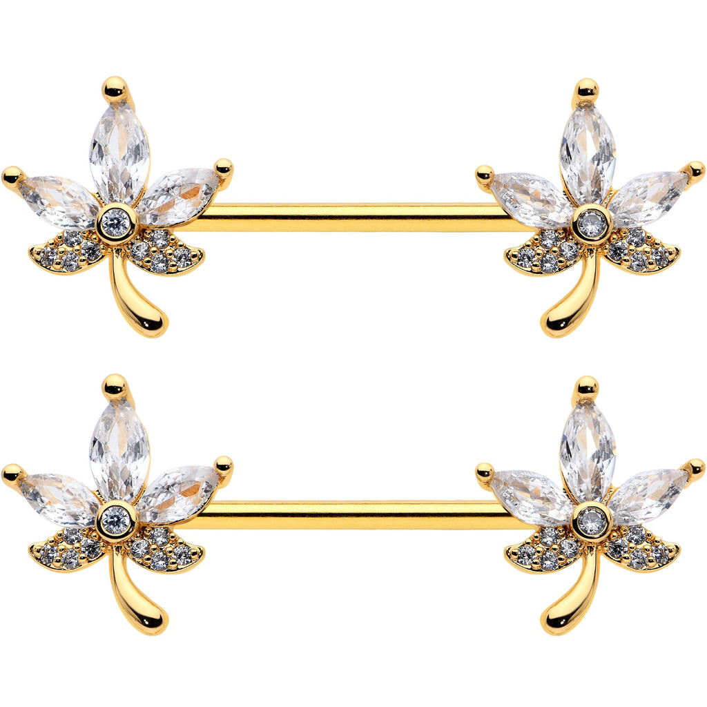 BodyCandy 14G 3/4 Clear CZ Gem Gold Tone Pot Leaf Barbell Nipple Ring Set — lifestyle context