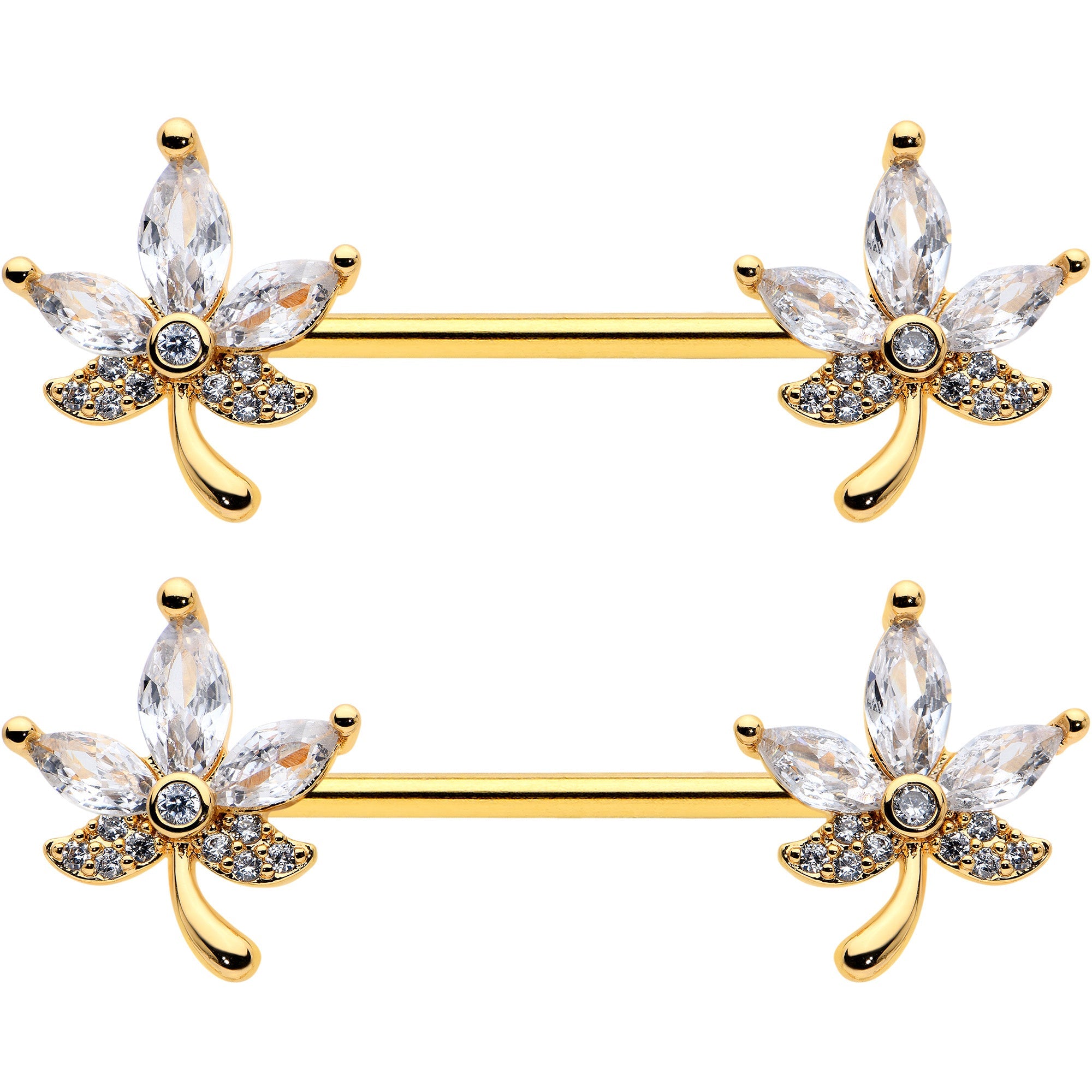 BodyCandy 14G 3/4 Clear CZ Gem Gold Tone Pot Leaf Barbell Nipple Ring Set — lifestyle context