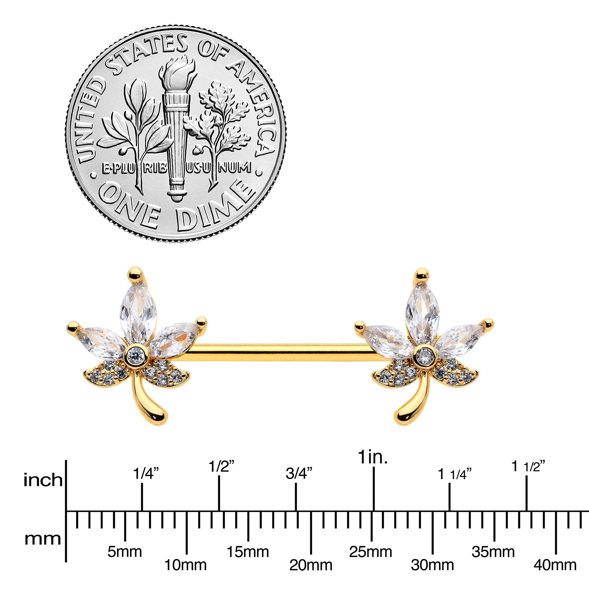 BodyCandy 14G 3/4 Clear CZ Gem Gold Tone Pot Leaf Barbell Nipple Ring Set — side view