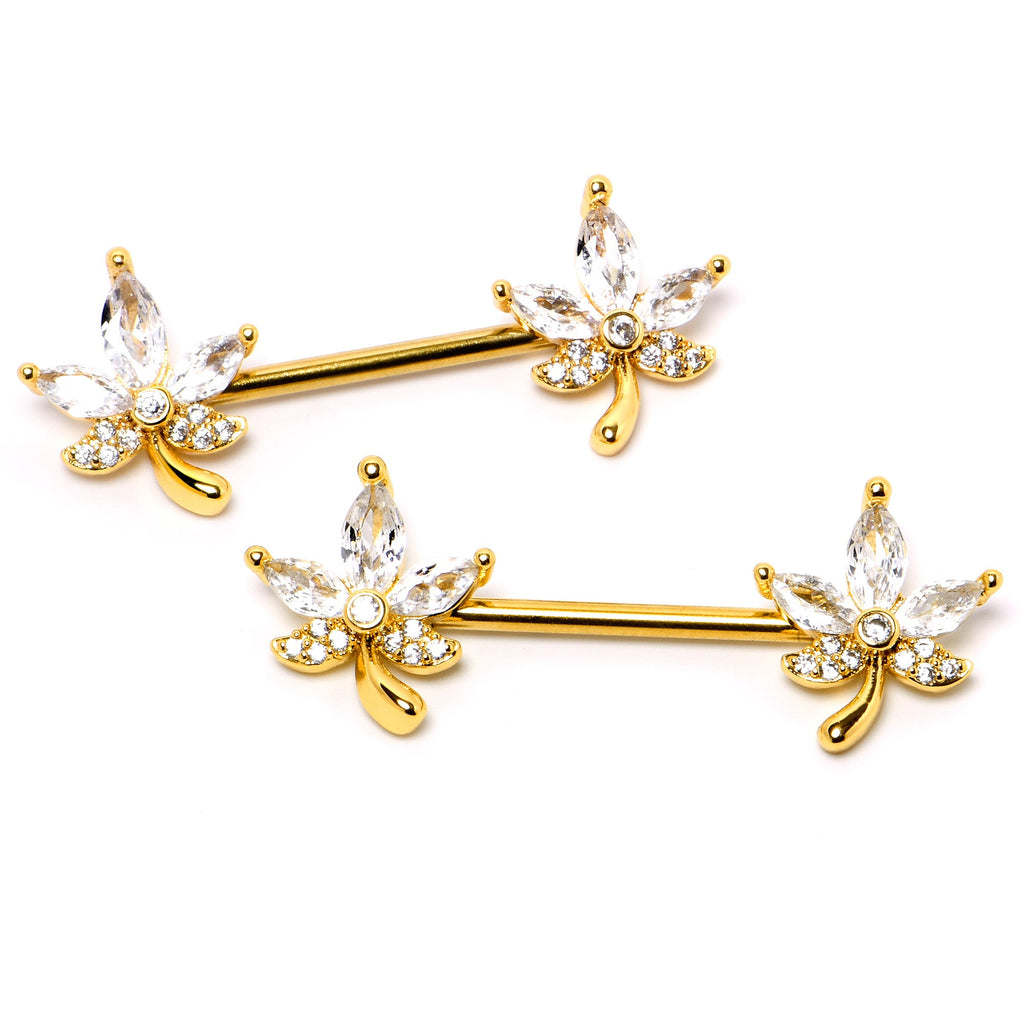 BodyCandy 14G 3/4 Clear CZ Gem Gold Tone Pot Leaf Barbell Nipple Ring Set — back view