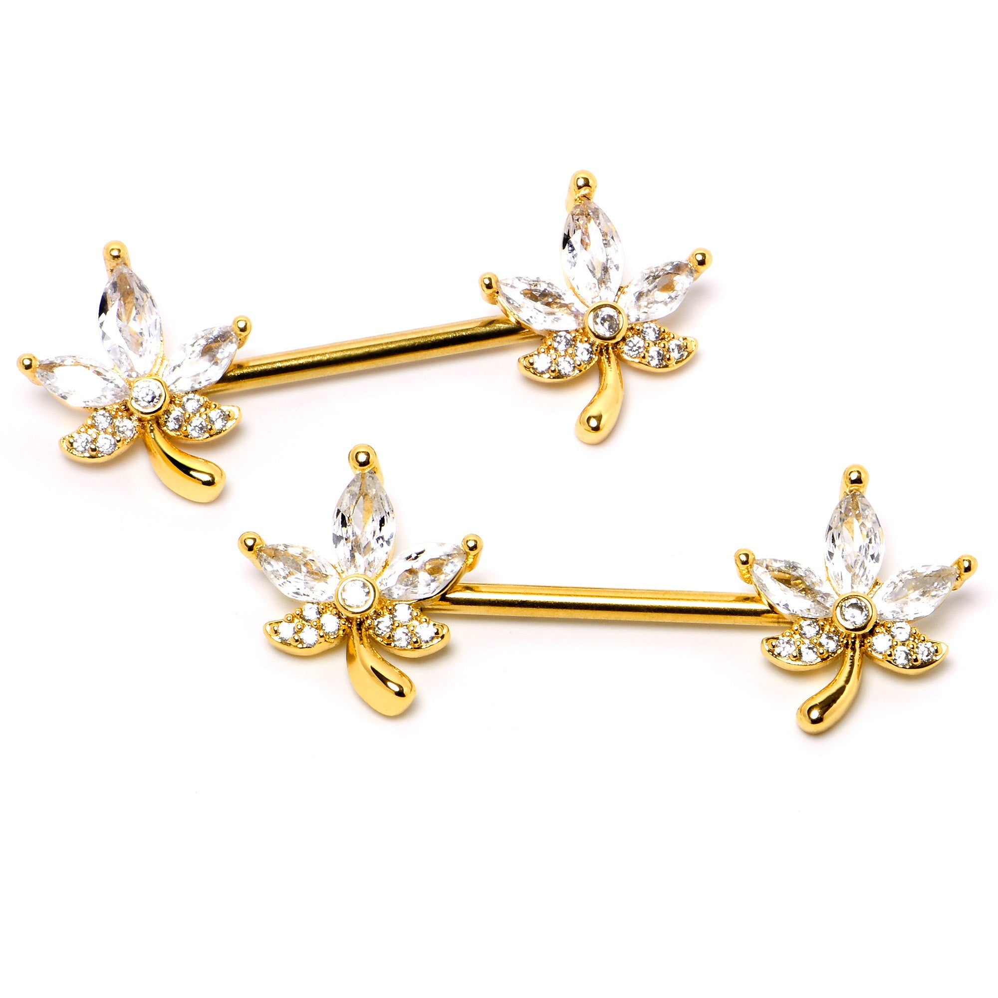 BodyCandy 14G 3/4 Clear CZ Gem Gold Tone Pot Leaf Barbell Nipple Ring Set — back view