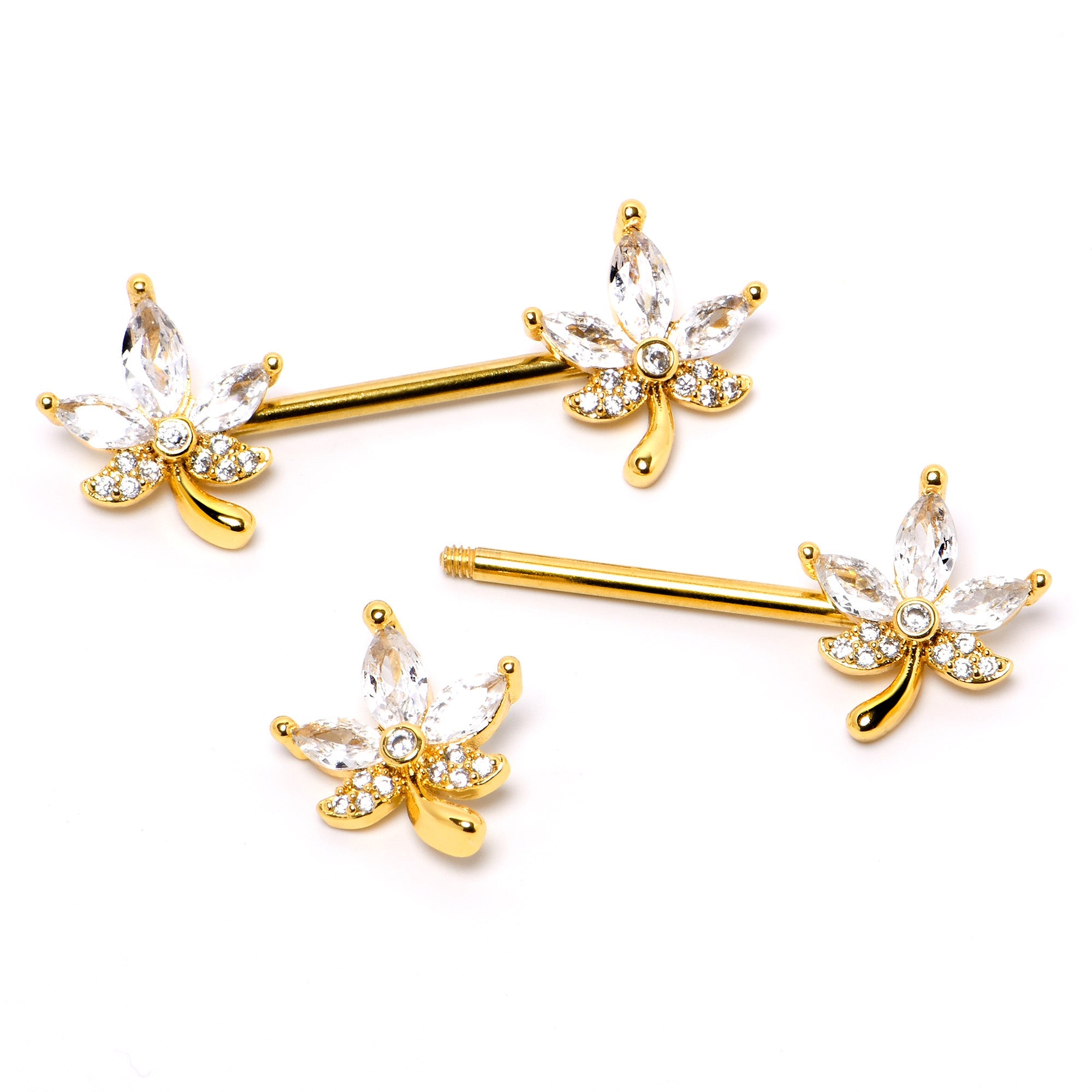 BodyCandy 14G 3/4 Clear CZ Gem Gold Tone Pot Leaf Barbell Nipple Ring Set — alternative angle