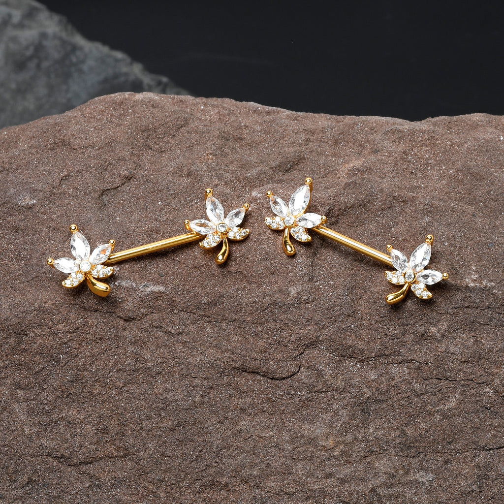BodyCandy 14G 3/4 Clear CZ Gem Gold Tone Pot Leaf Barbell Nipple Ring Set — in-use photo