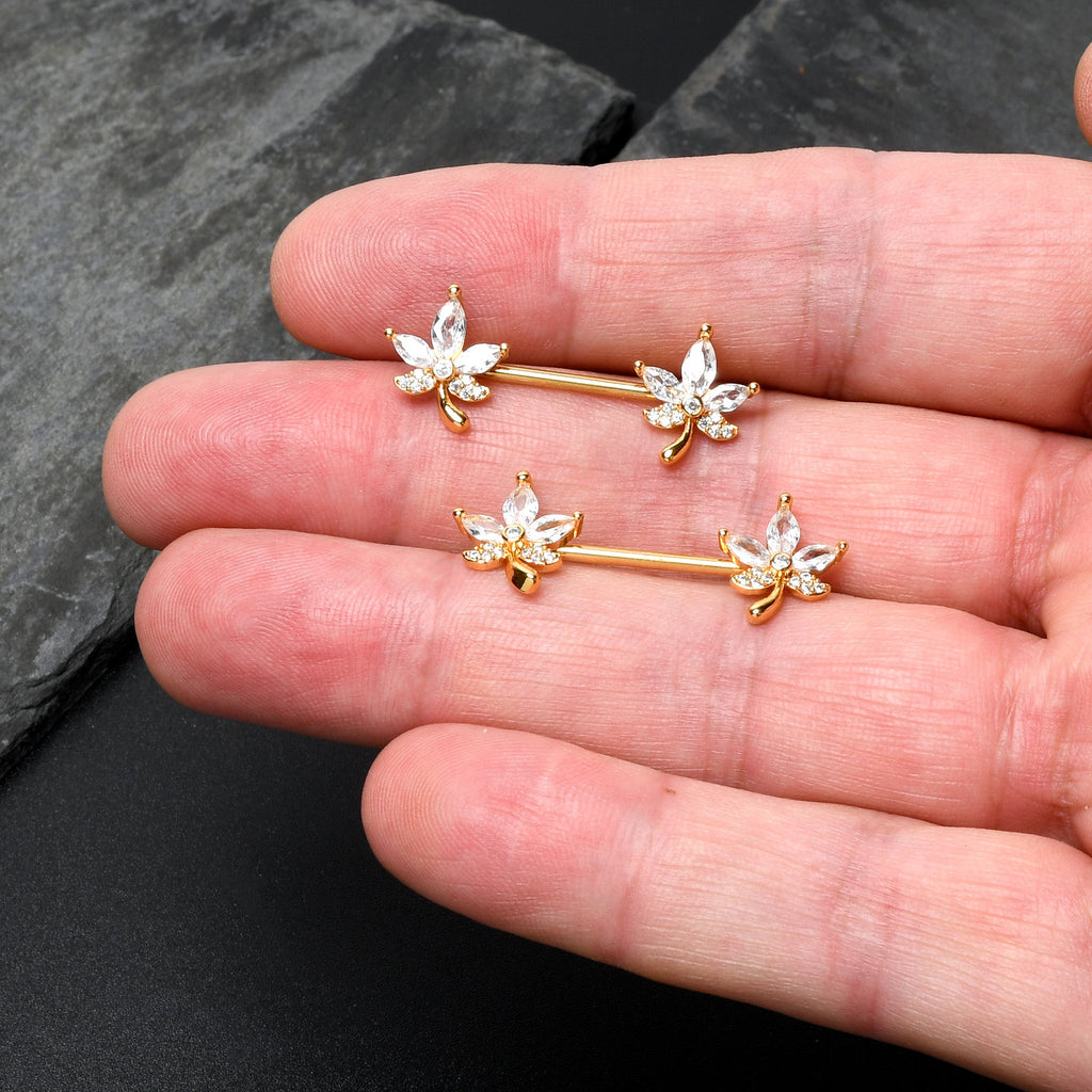 BodyCandy 14G 3/4 Clear CZ Gem Gold Tone Pot Leaf Barbell Nipple Ring Set — size reference