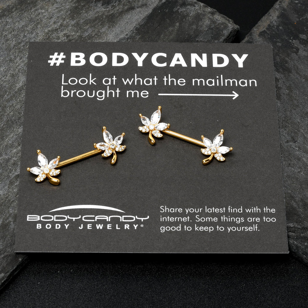 BodyCandy 14G 3/4 Clear CZ Gem Gold Tone Pot Leaf Barbell Nipple Ring Set — color detail