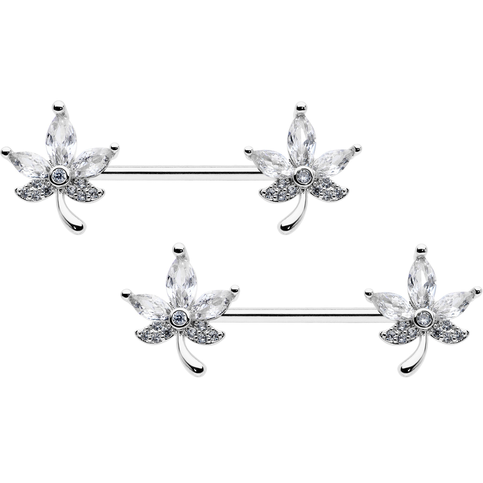 BodyCandy 14G 3/4 Clear CZ Gem Pot Leaf Barbell Nipple Ring Set — main product shot